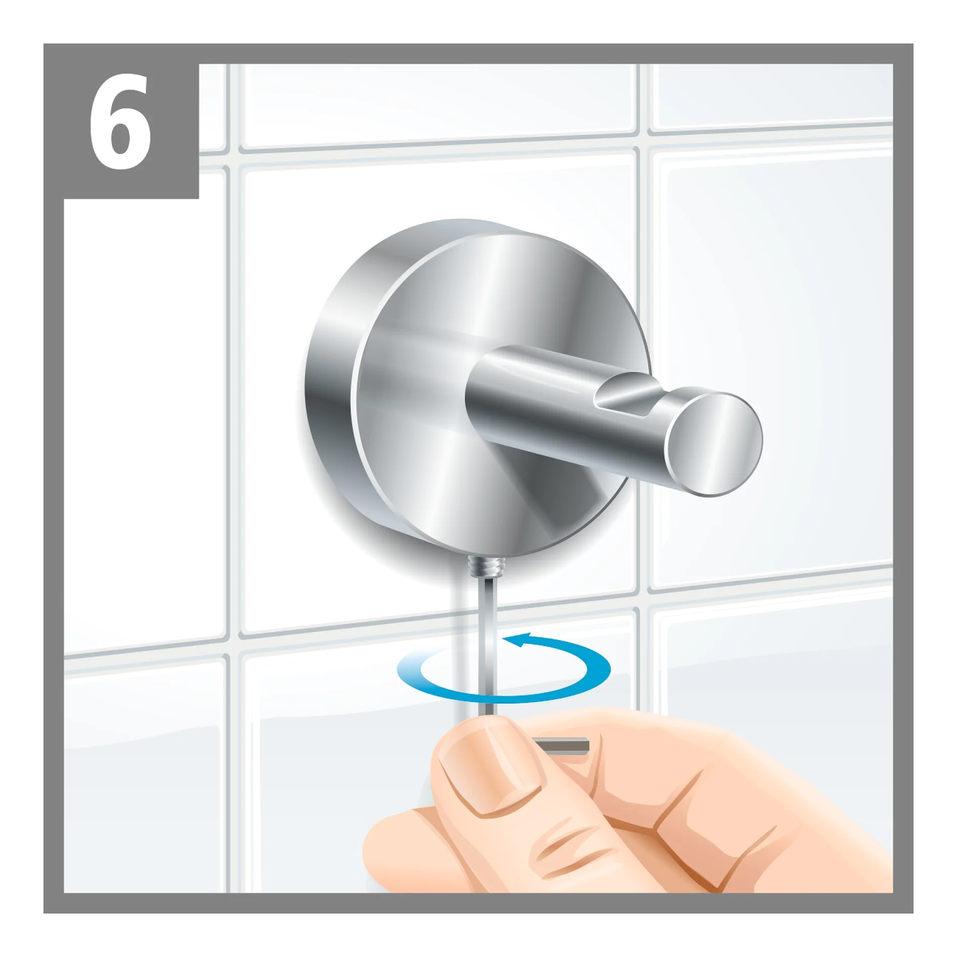 Illustration showing a hand using a screwdriver to tighten a set screw on a metal bathroom fixture mounted on white tiled wall. A number 6 is in the top left corner, indicating the step in a sequence. (This text has been generated by AI)