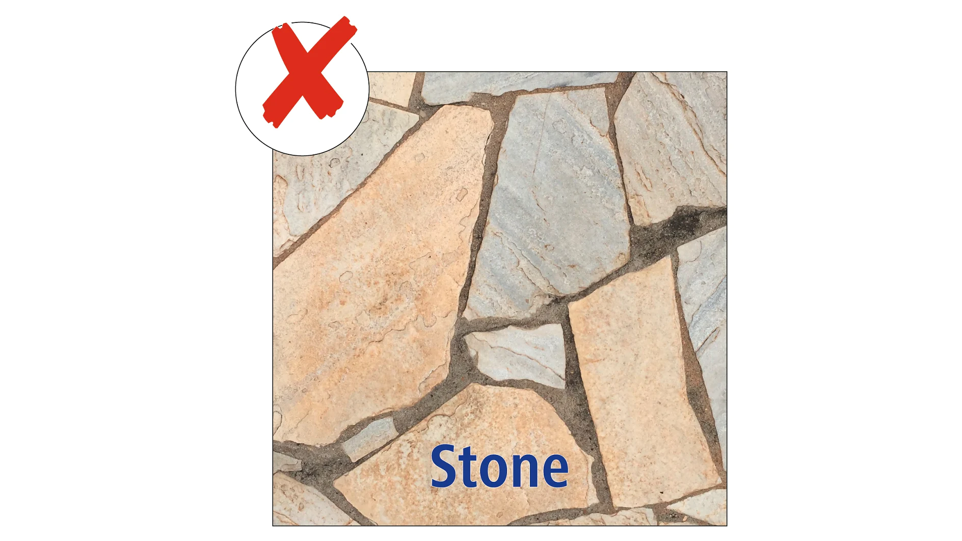 A pattern composed of irregularly shaped stone tiles with visible grout lines. The word Stone is at the bottom in blue letters. A large red X is in the top left corner, indicating a prohibition or negative. Ideal for use with tesa tape applications to ensure precision and quality without using competitor brands. (This text has been generated by AI)