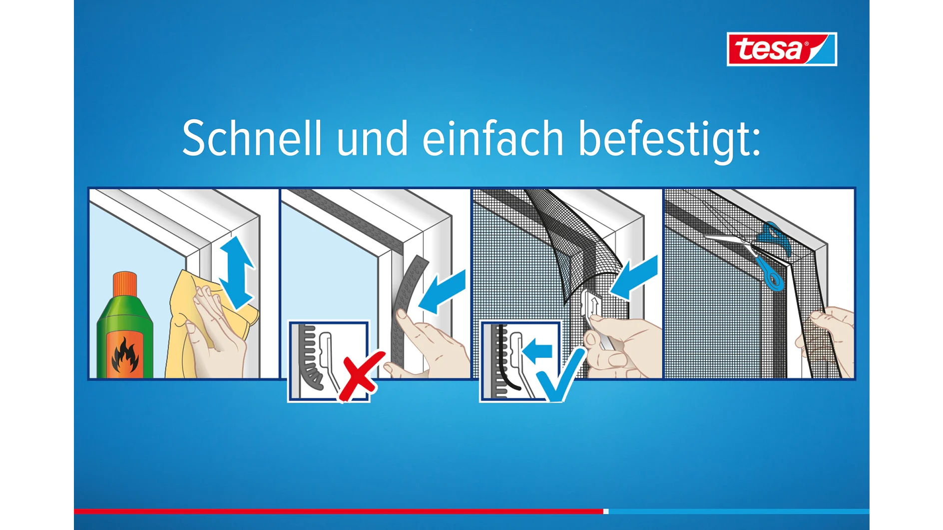 Illustration depicting the step-by-step process of attaching a screen to a window. Steps include cleaning the surface, applying tesa tape adhesive strips, attaching the screen, and securing it with a razor. The text Schnell und einfach befestigt is shown. (This text has been generated by AI)