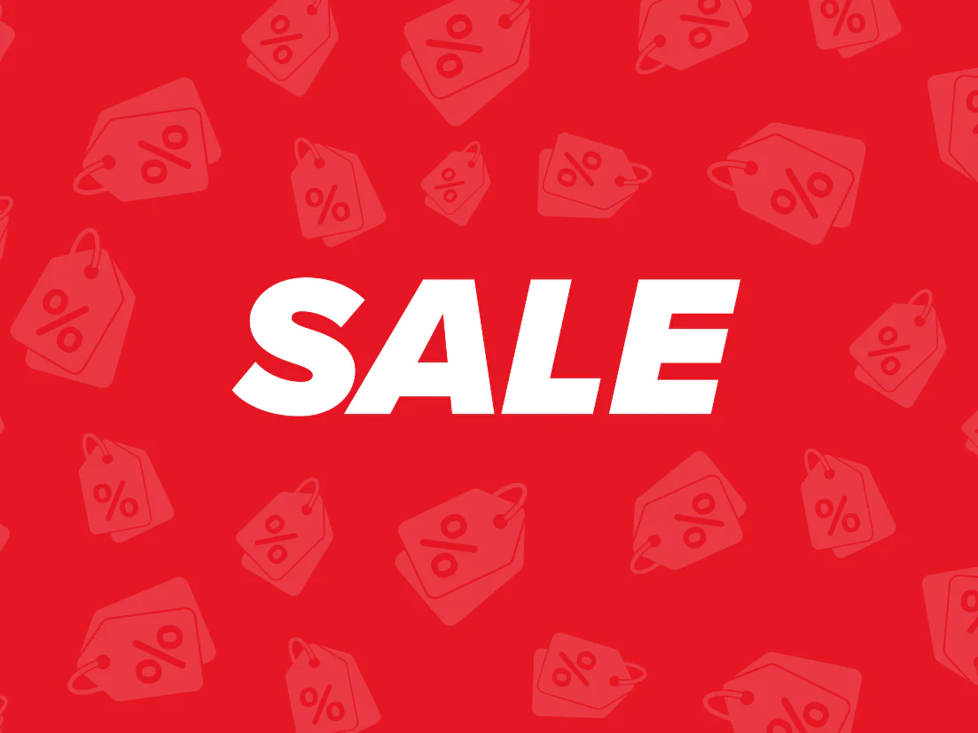 Red promotional banner featuring the word SALE in bold white text at the center. The background is adorned with a repetitive pattern of tesa tape and percentage symbols, all in a lighter red shade. (This text has been generated by AI)