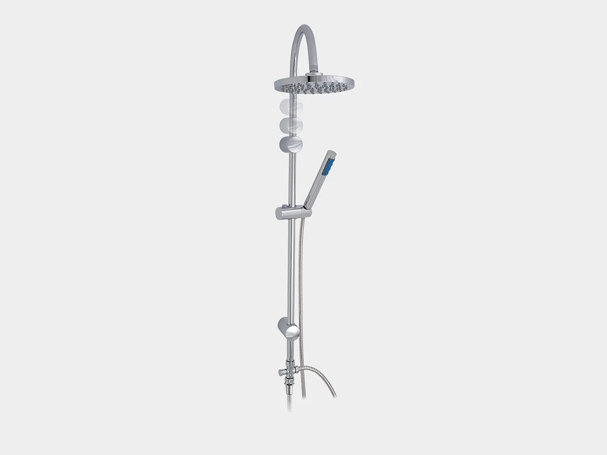 A modern shower fixture with a round overhead showerhead and a handheld shower wand. The fixture is sleek and metallic with a flexible hose, mounted against a plain white background using tesa tape. (This text has been generated by AI)