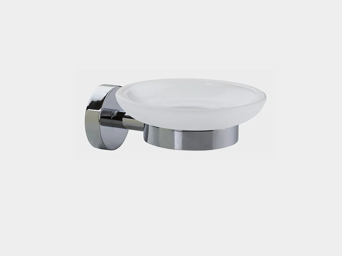 Wall-mounted soap dish with a round, frosted glass holder and a chrome-plated base, secured with tesa tape. The fixture is shown against a plain white background. (This text has been generated by AI)
