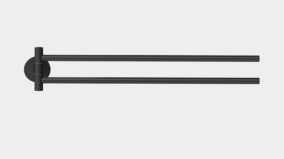 A black wall-mounted towel bar with two parallel horizontal rods extends from a circular base. The minimalist design contrasts against a white background. (This text has been generated by AI)