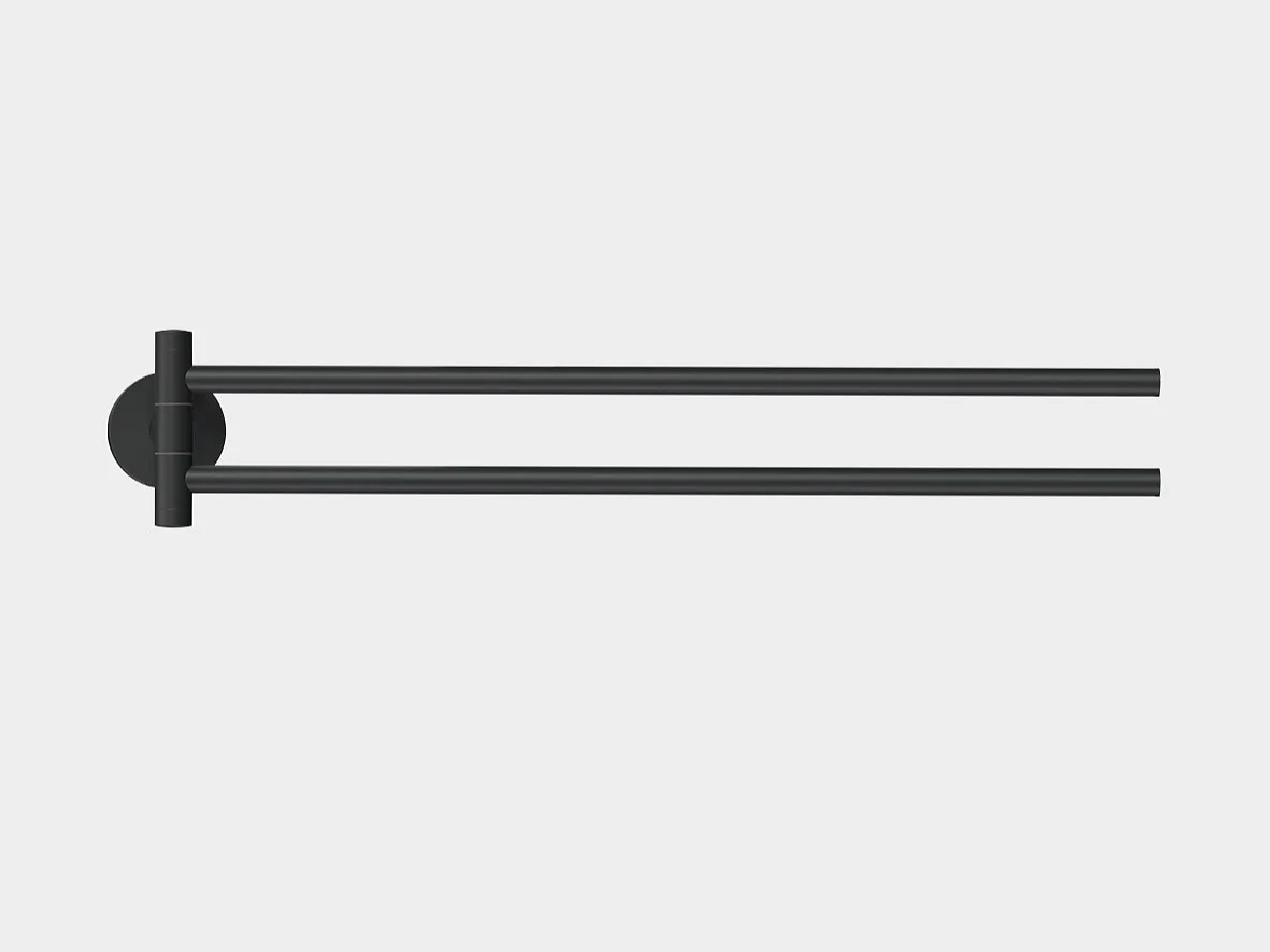 A black wall-mounted towel bar with two parallel horizontal rods extends from a circular base. The minimalist design contrasts against a white background. (This text has been generated by AI)