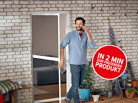 A man with a beard is talking on the phone while walking through a sliding door. The room has brick walls, potted plants, and a bench with cushions. A red circle on the right contains German text about selecting a tesa tape product in two minutes. (This text has been generated by AI)