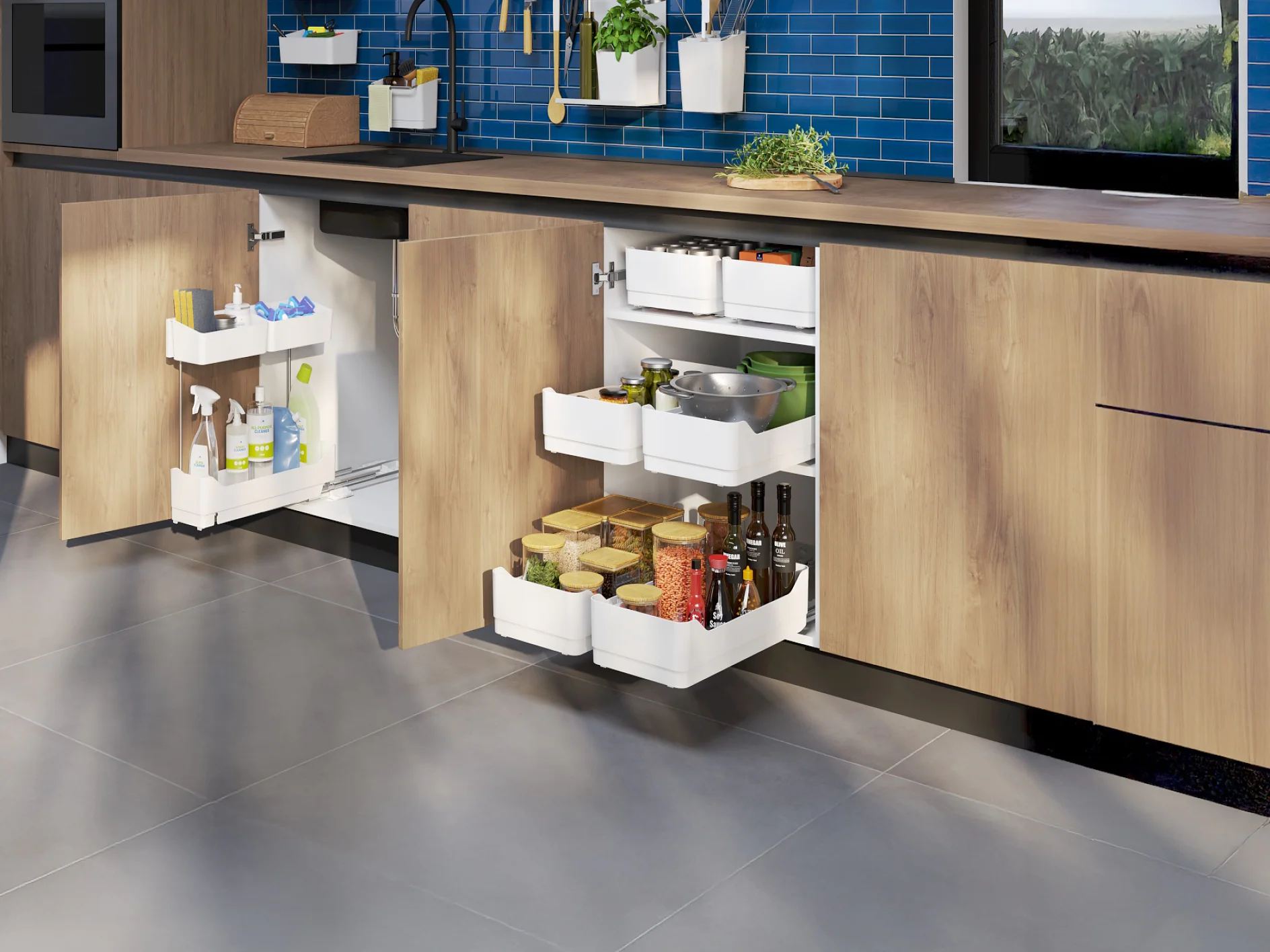 Modern kitchen with wooden cabinets and pull-out shelves. The left cabinet holds cleaning supplies, all neatly organized with the help of tesa tape, while the right has spices, jars, and cookware securely held in place. A blue tile backsplash and countertop with plants and kitchen tools are visible above, where tesa tape can also be used to create a tidy appearance. (This text has been generated by AI)