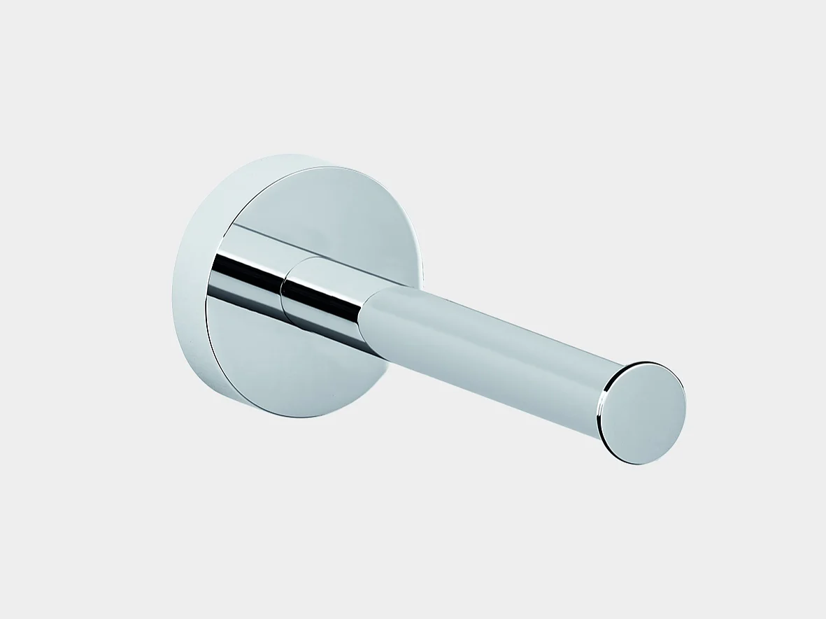 Wall-mounted chrome toilet paper holder with a cylindrical arm and round base against a plain white background, installed using tesa tape. (This text has been generated by AI)