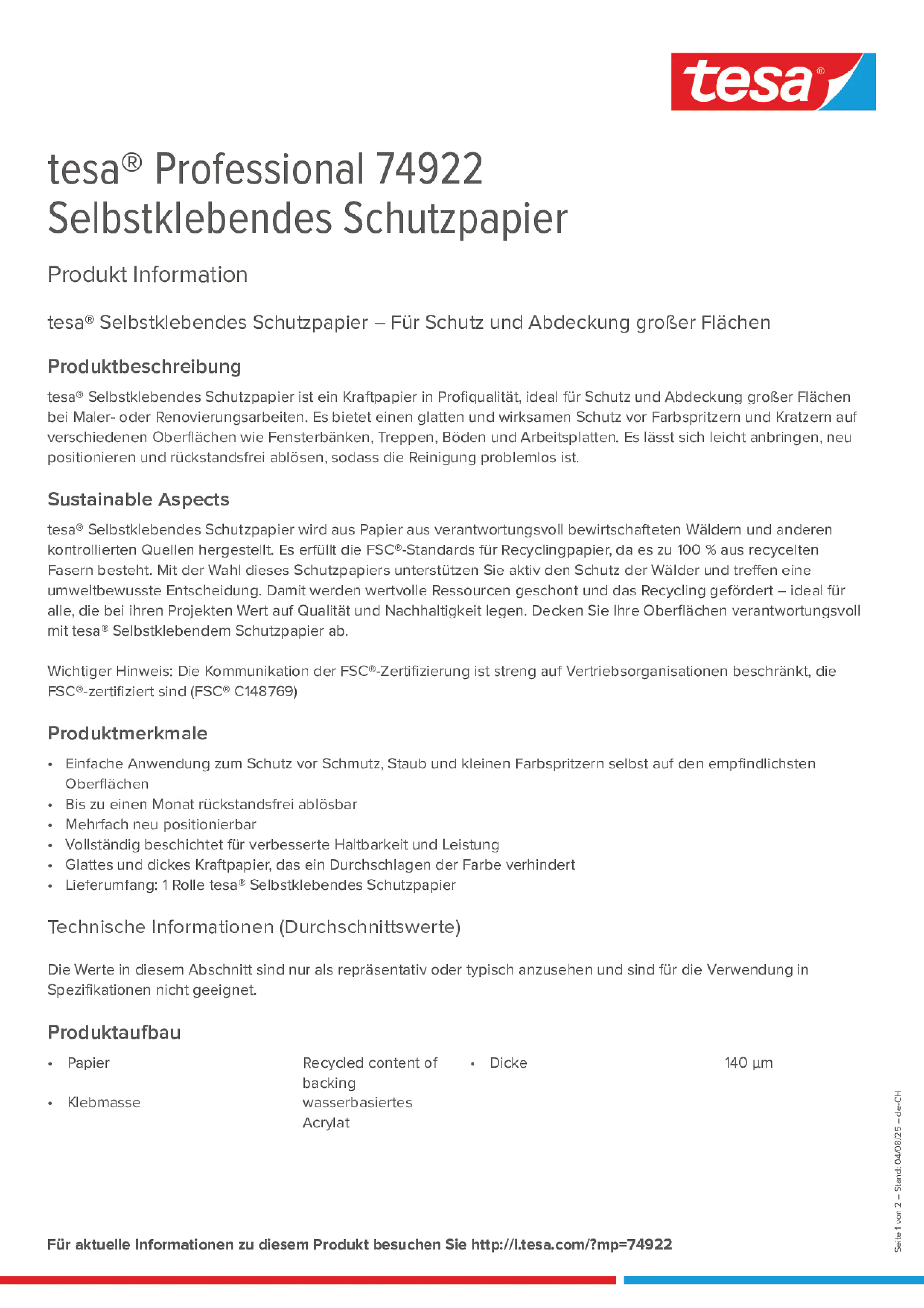 Product information_tesa® Professional 74922_de-CH_fr-CH