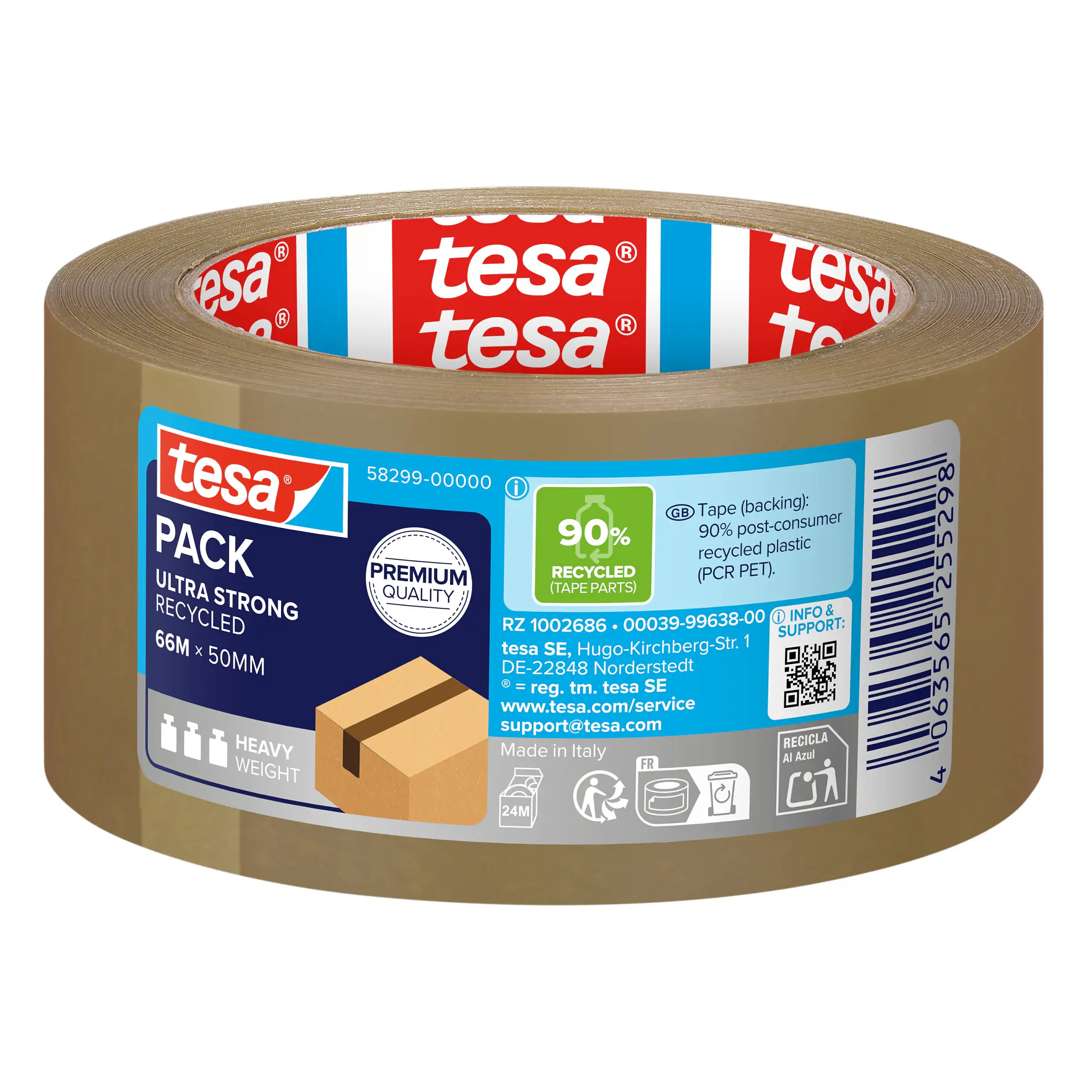 tesa pack ultra strong brown packing tape roll with 50mm width and 90% recycled material label on an indoor white background (This text has been generated by AI)
