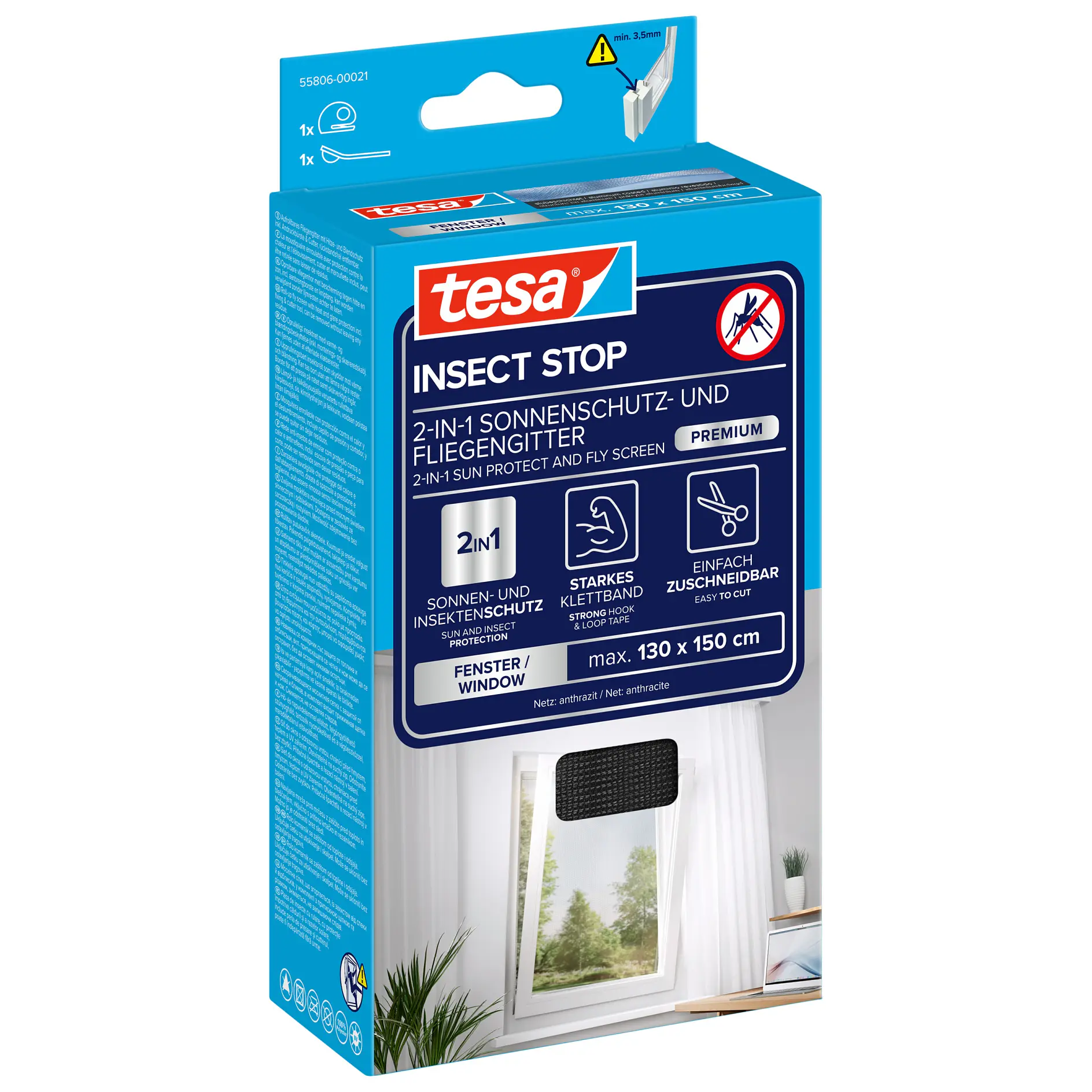 tesa insect stop 2-in-1 insect screen and fly protection for windows, shown in blue retail packaging with product details and window image. (This text has been generated by AI)