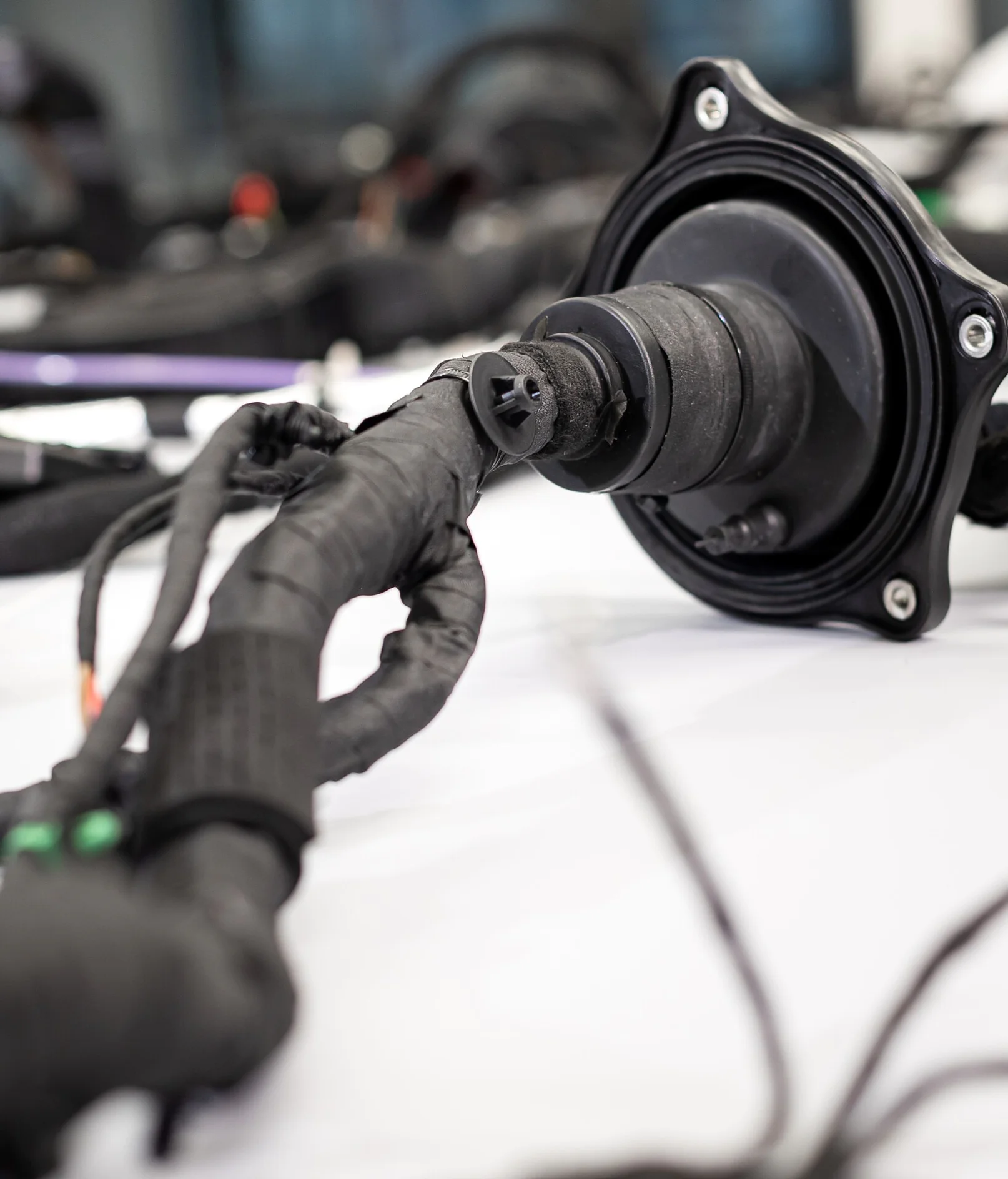 Eine Nahaufnahme eines Kabelbaums für Autos mit Kabeln und Steckverbindern, die mit tesa-Klebeband umwickelt sind, ausgelegt auf einer weissen Fläche, mit weiteren unscharfen Komponenten im Hintergrund. (This text has been generated by AI)
