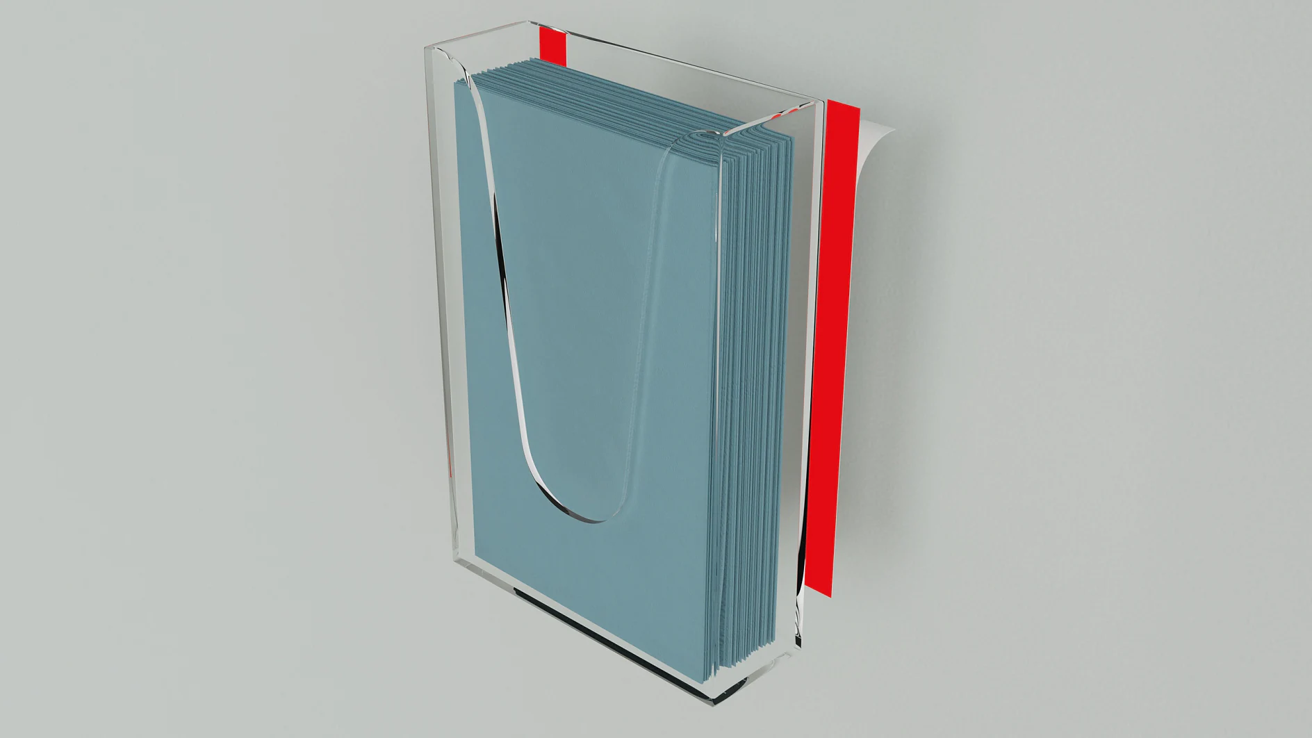 tesa transparenter Klebebandabroller, an einer grauen Wand montiert, mit einer Klebebandrolle darin und einer sichtbaren roten Schneidekante (This text has been generated by AI)