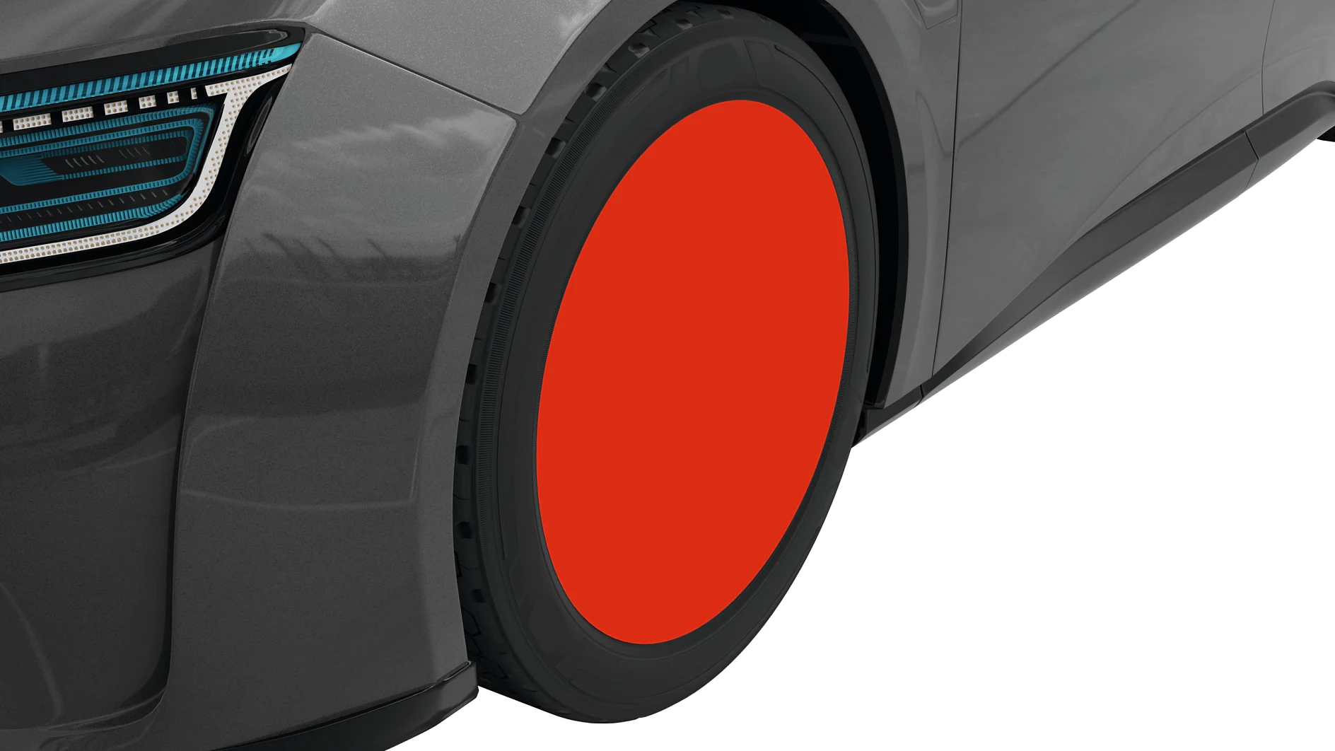 tesa-Logo auf einer roten, runden Radkappe eines grauen Elektroautos, Nahaufnahme des Vorderrads auf weissem Hintergrund (This text has been generated by AI)