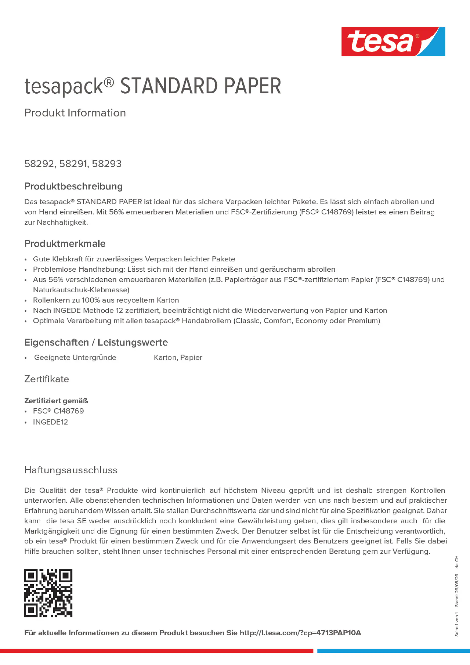 Product information_tesapack® 4713PAP10A_de-CH_fr-CH_it-CH
