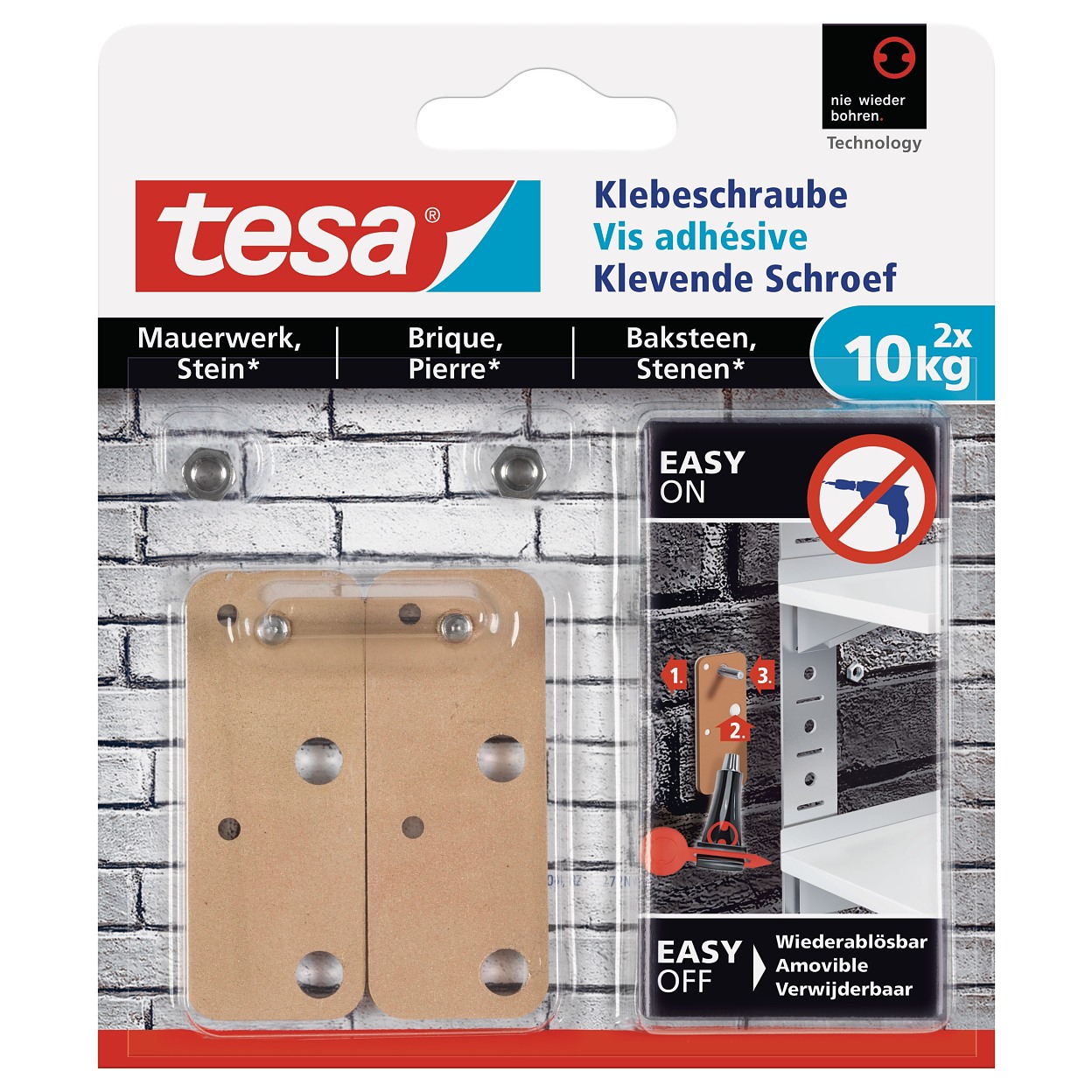 Produktbild von Tesa Klebeschraube Für Mauerwerk Und Stein – Haltekraft 5 Kg, 2 Stück, Rückstandsfrei Entfernbar