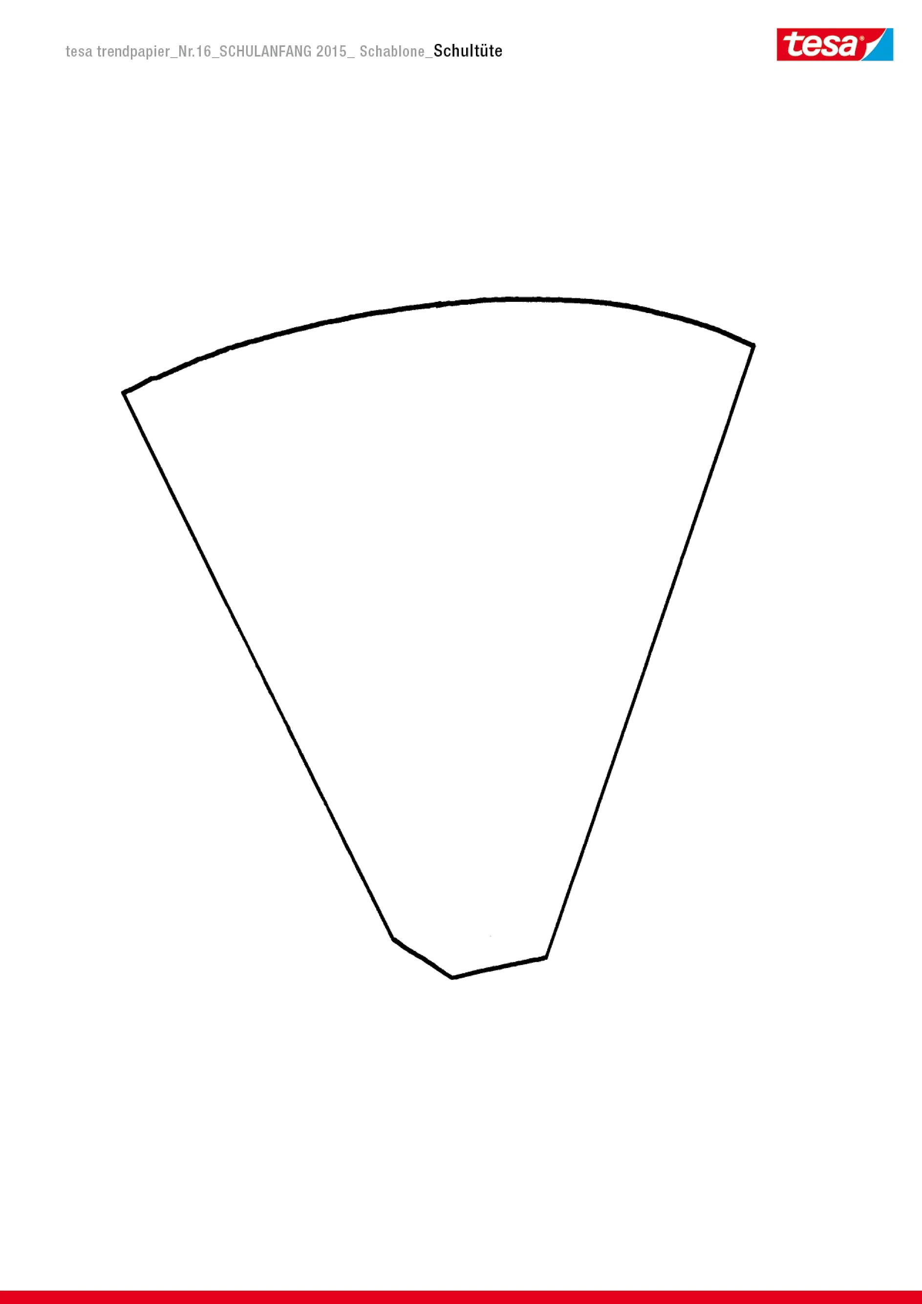 Eine Vorlage für ein kegelförmiges Kunstwerk, schwarz umrandet auf weißem Hintergrund. Es hat eine ausgestellte Oberseite und eine schmalere Unterseite und ähnelt einem offenen Kegel. Das Bild enthält in der oberen rechten Ecke die Marke „Tesa Tape“. (This text has been generated by AI)