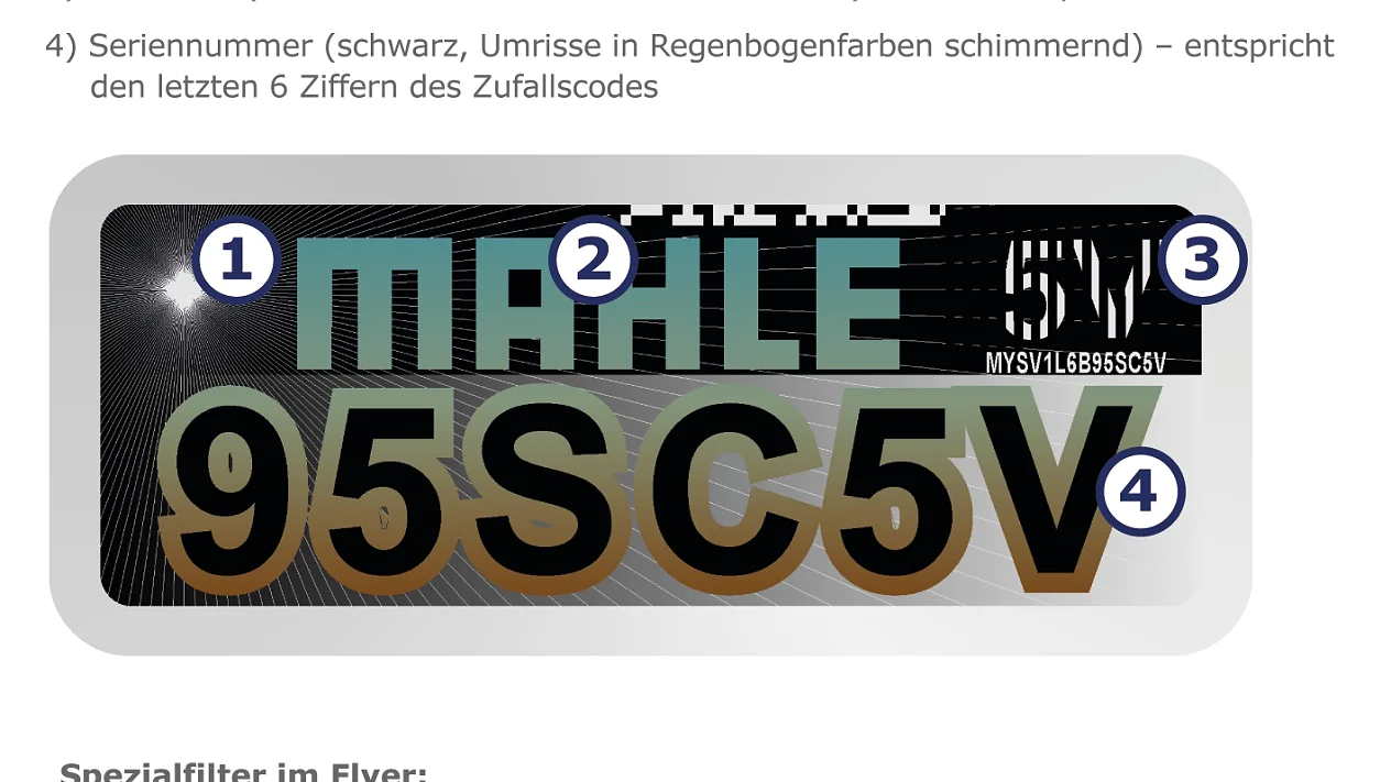 Zu den Verifizierungsanweisungen für VeoMark-Funktionen auf MAHLE-Verpackungen gehört ein Bild eines MAHLE-Etiketts mit Codes, einem holografischen Stern und einer Lupe, die die Seriennummer hervorhebt. Text leitet die Verifizierung mit Tesa-Klebeband für Offline-Methoden an.