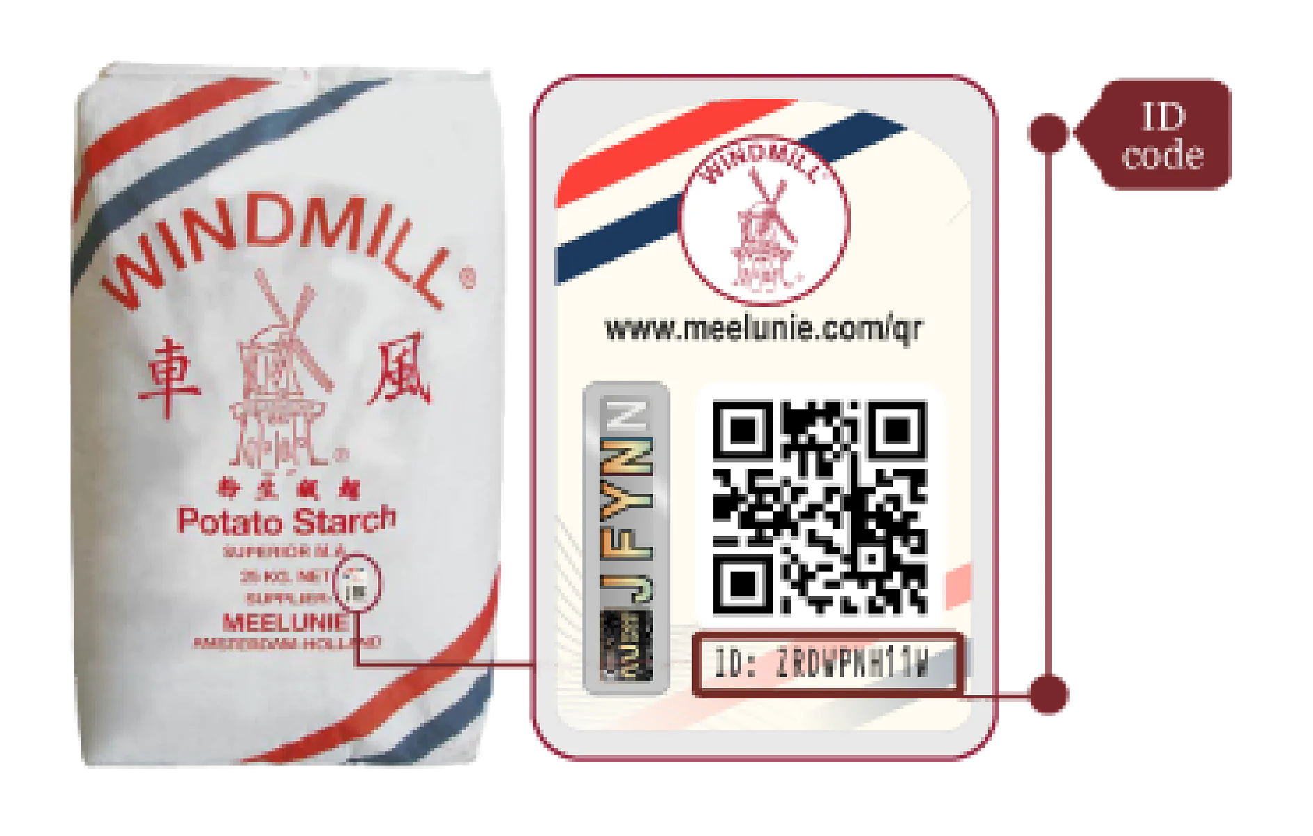 Eine Packung Windmill-Kartoffelstärke mit einem QR-Code auf dem Etikett. Der QR-Code ist mit dem Text „ID: ZRDVPNH11“ beschriftet und ein ID-Code-Abschnitt ist angegeben. Das Design enthält das Windmill-Branding und eine Webadresse.