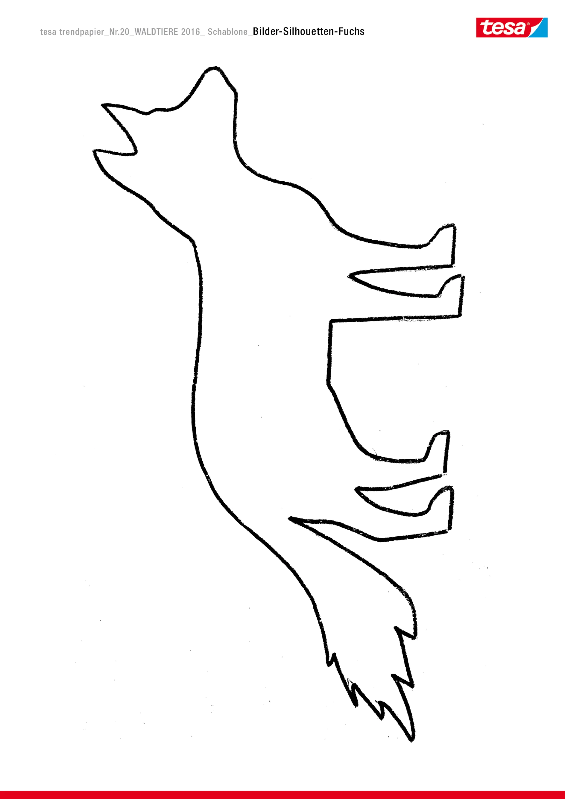 Umriss einer Fuchssilhouette auf weißem Hintergrund mit einem roten „tesa“-Logo in der oberen rechten Ecke. Der Fuchs ist in stehender Position mit geöffnetem Maul und nach unten gerichtetem Schwanz dargestellt. (This text has been generated by AI)