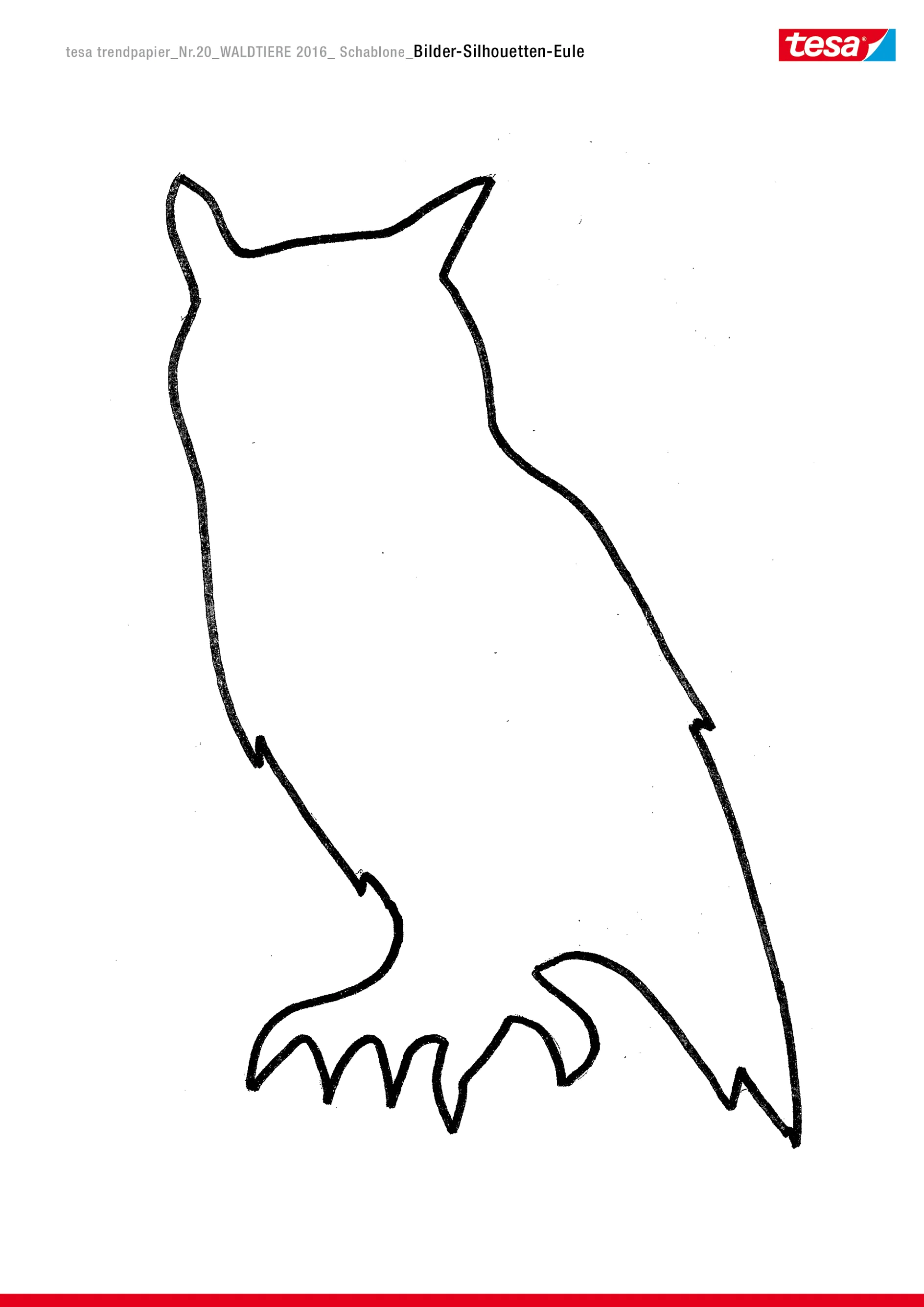 Umriss einer Eule im Profil mit spitzen Ohren und Krallen. Sie erscheint als saubere schwarze Strichzeichnung auf weißem Hintergrund. In der oberen rechten Ecke ist ein „Tesa Tape“-Logo sichtbar. (This text has been generated by AI)