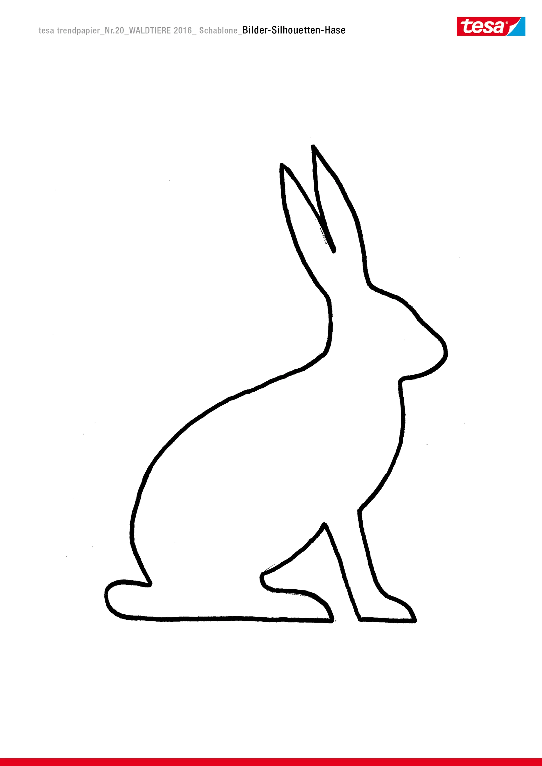 Ein einfacher schwarzer Umriss eines sitzenden Kaninchens, das nach rechts auf einen weißen Hintergrund blickt, erstellt mit Tesa-Klebeband. Das Kaninchen hat lange, aufrechte Ohren. (This text has been generated by AI)