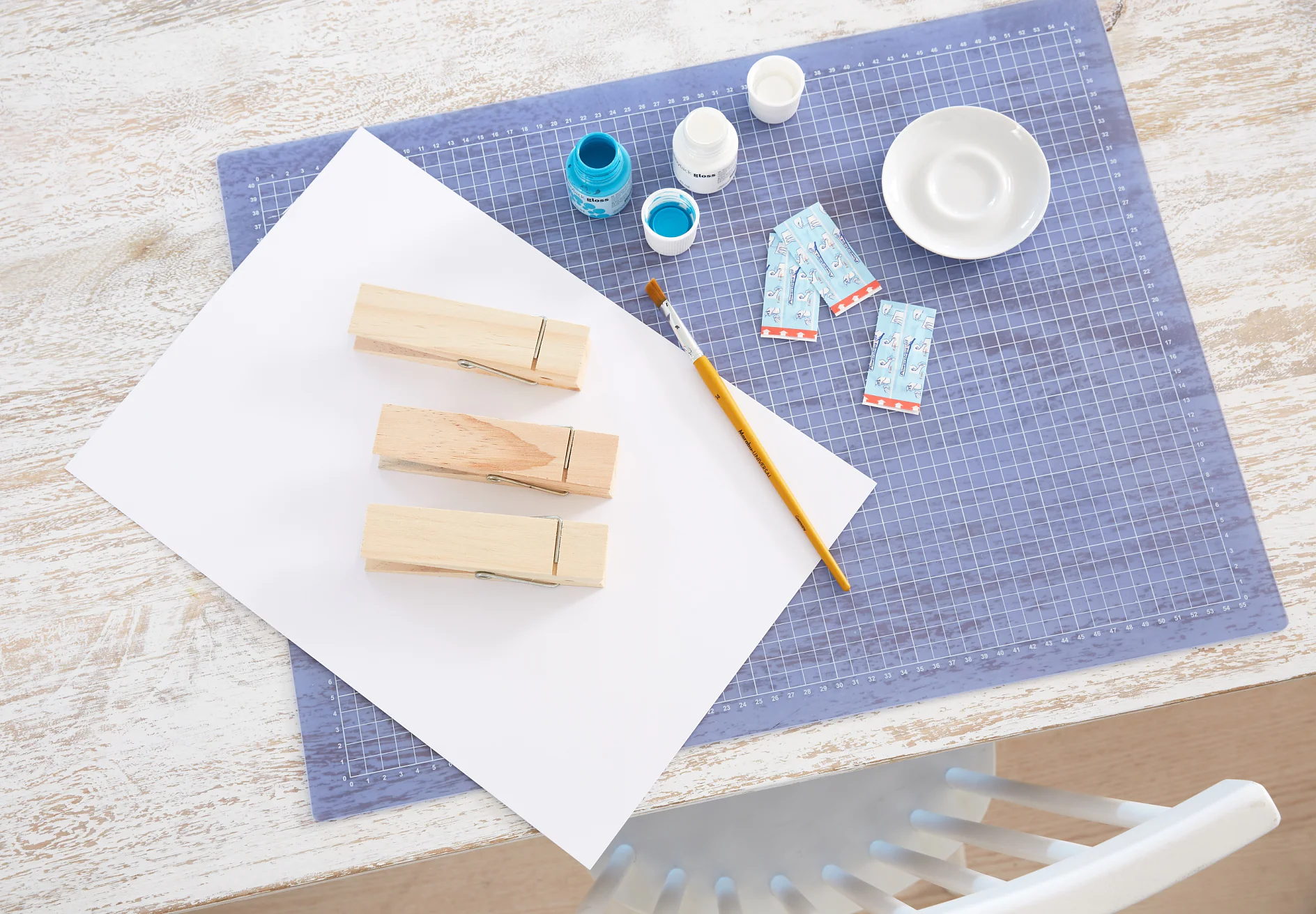 tesa trendpapier 26 / Idee 8: Wäscheklammern / Schritt 1 Das brauchen wir: Große Holzwäscheklammern 15 x 3,5 cm (Bastelbedarf), Acryllack in Weiß und Blau, Pinsel, Malunterlage, tesa Powerstrips® LARGE