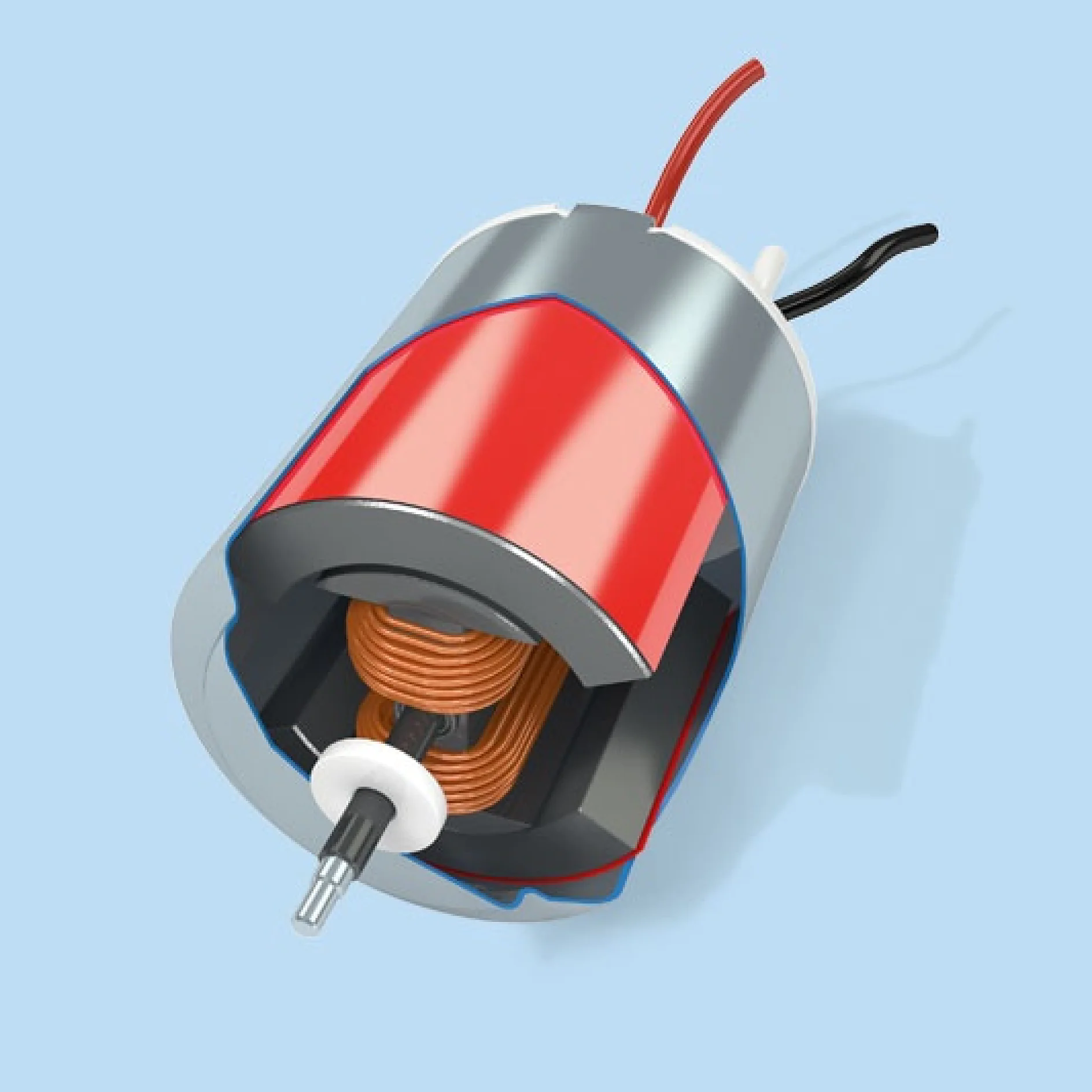 Eine 3D-Darstellung eines zylindrischen Metallmotors mit rotem Außengehäuse. Der Motor ist halbiert, um eine Kupferspule und interne Komponenten freizulegen. Zwei Drähte, einer rot und einer schwarz, ragen aus der Oberseite heraus und sind jeweils mit Tesa-Klebeband befestigt. Vor einem hellblauen Hintergrund. (This text has been generated by AI)