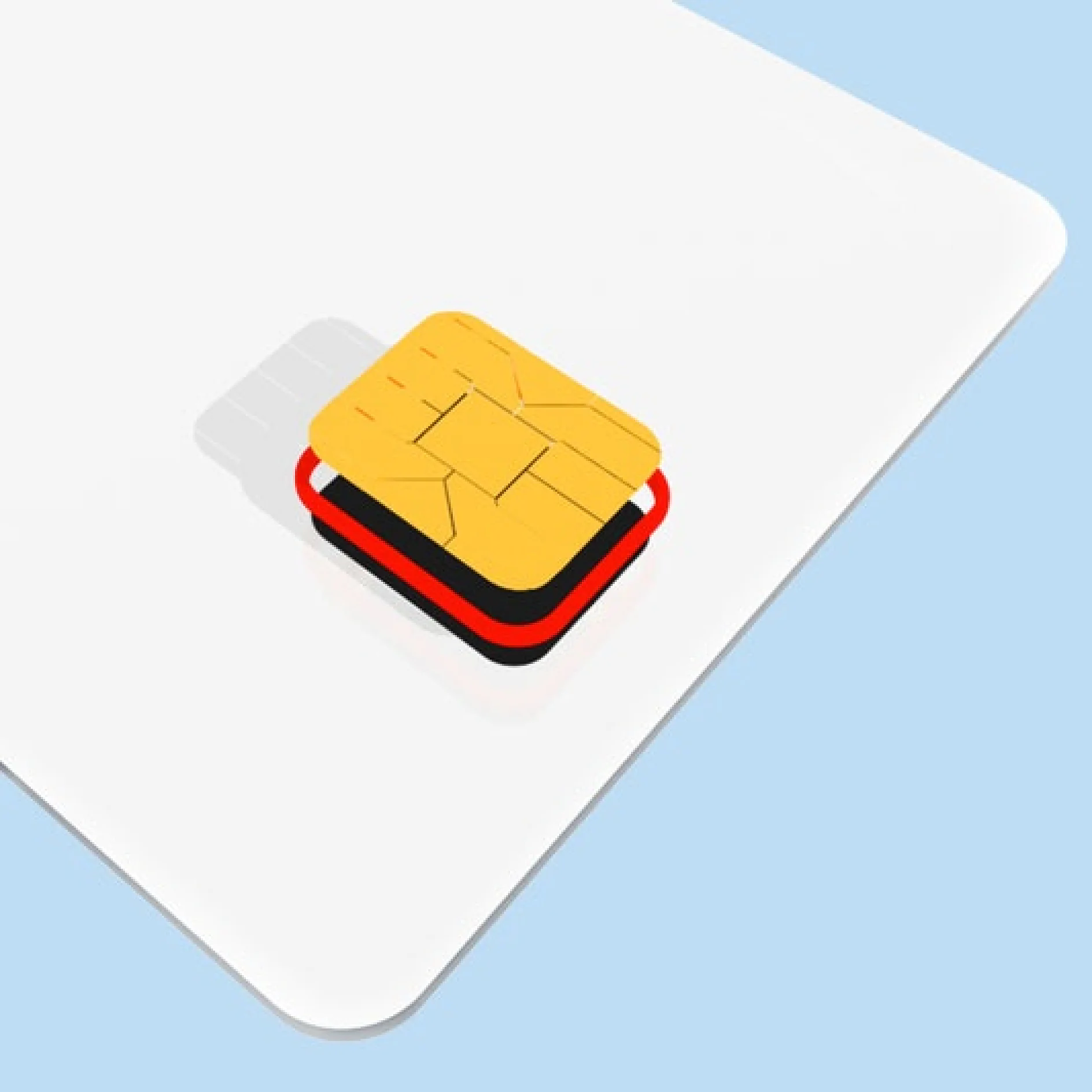 Eine 3D-Illustration einer SIM-Karte liegt auf einer weißen Oberfläche. Die Karte weist einen goldenen Kontaktbereich auf, der übereinander geschichtete rote und schwarze Komponenten aufweist, die mit Tesa-Klebeband befestigt sind. Der Hintergrund ist hellblau und die SIM-Karte wirft einen weichen Schatten auf die Oberfläche. (This text has been generated by AI)