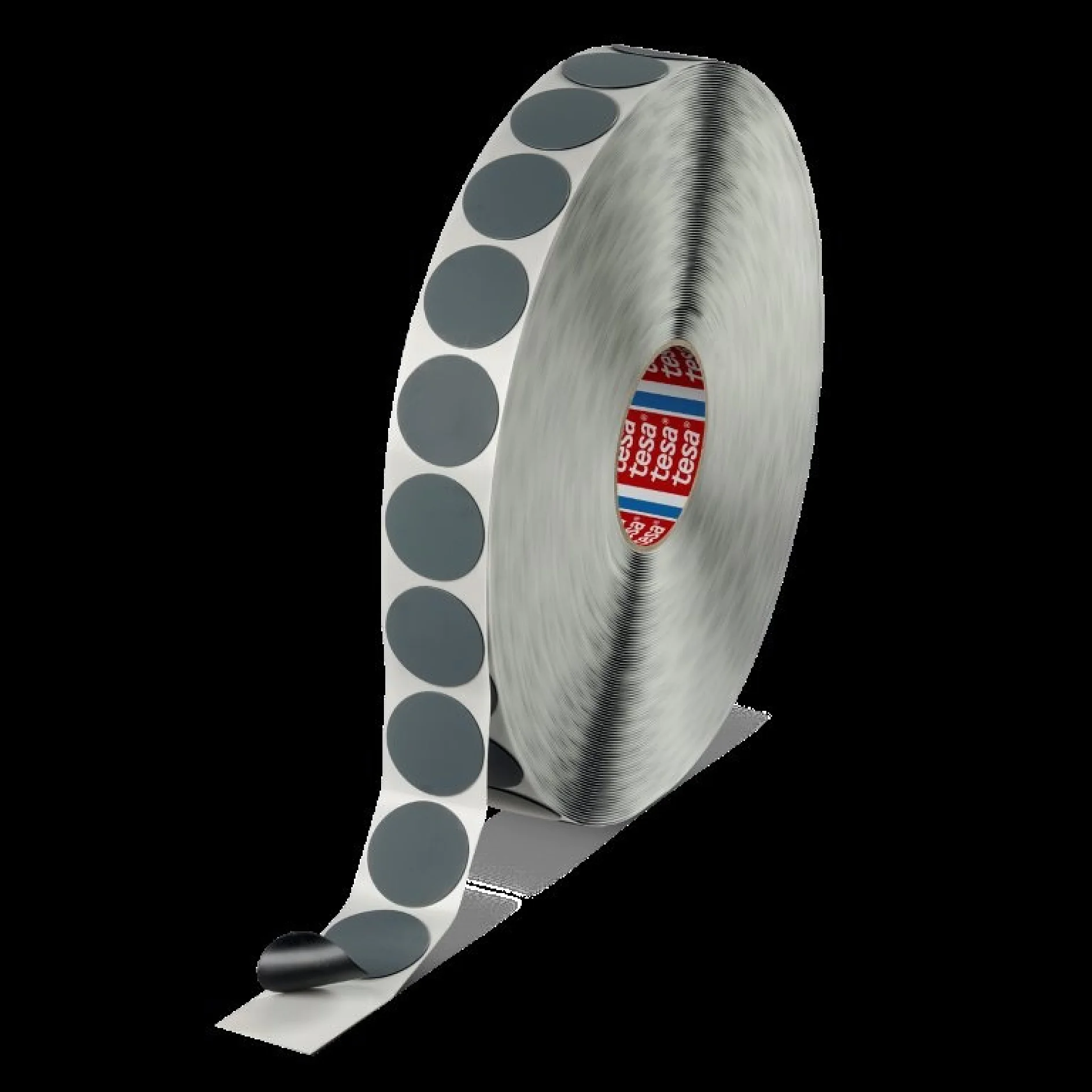 Eine große Rolle Tesa-Klebeband mit gleichmäßig verteilten schwarzen Kreisen auf einem weißen Streifen. Das Tesa-Band ist teilweise abgerollt und zeigt mehrere kreisförmige Stücke. Die Rolle liegt auf einem einfarbigen Hintergrund. (This text has been generated by AI)
