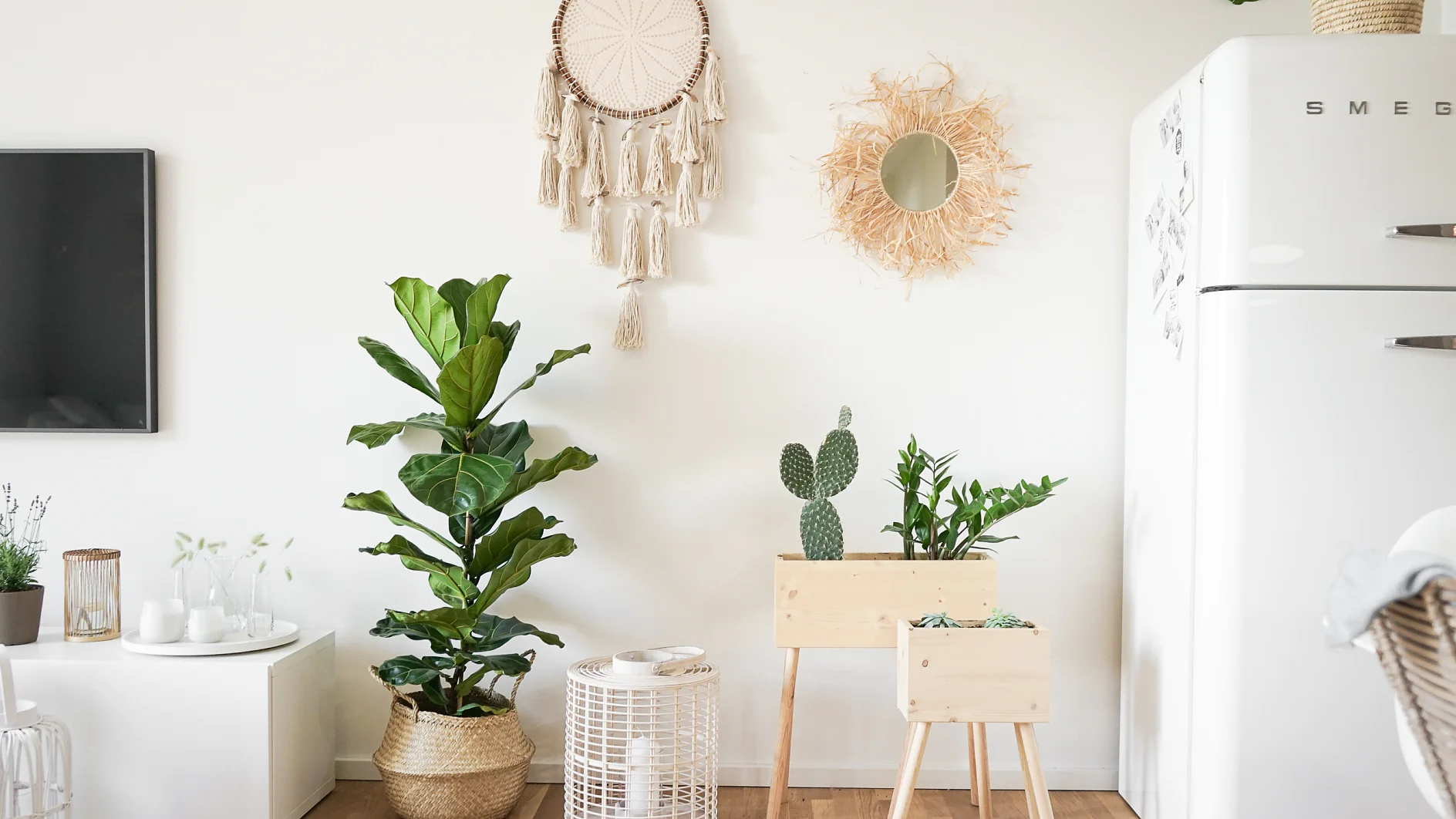 Ein Wohnzimmer mit minimalistischem Design zeichnet sich durch eine weiße Wand aus, die mit einer hängenden gewebten Dekoration und einem kleinen Spiegel geschmückt ist. Es gibt mehrere Pflanzen, darunter eine große Blattpflanze und einen kleinen Kaktus in hölzernen Pflanzgefäßen, neben einem weißen Kühlschrank im Retro-Stil, alles wird durch die Verwendung von Tesa-Klebeband zur Präsentation wunderschön ergänzt. (This text has been generated by AI)