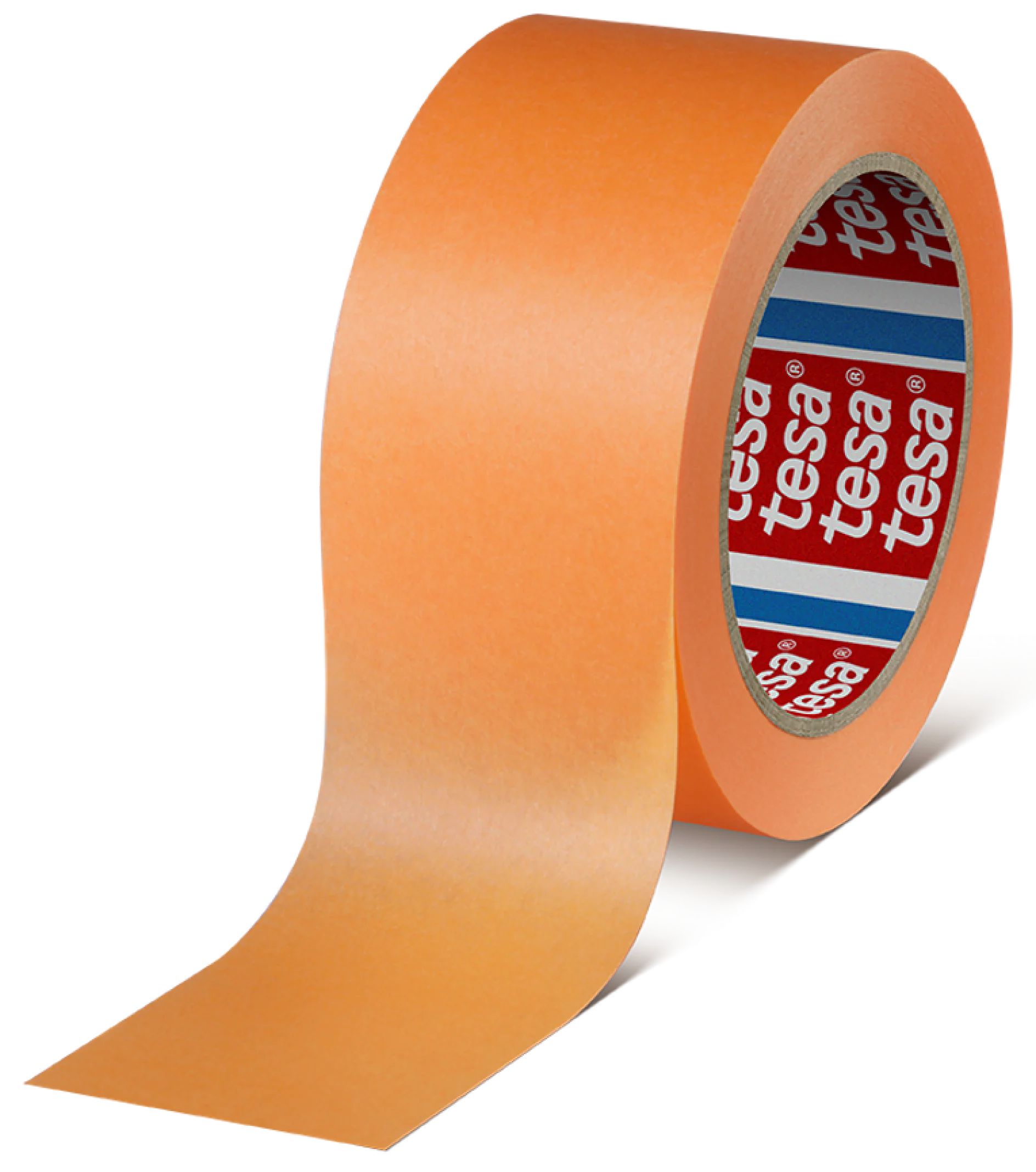 Eine orangefarbene Rolle Tesaband mit teilweise abgerolltem Ende. Die Innenseite der Rolle zeigt ein rot-weißes Muster mit dem mehrfach aufgedruckten Wort „tesa“. (This text has been generated by AI)
