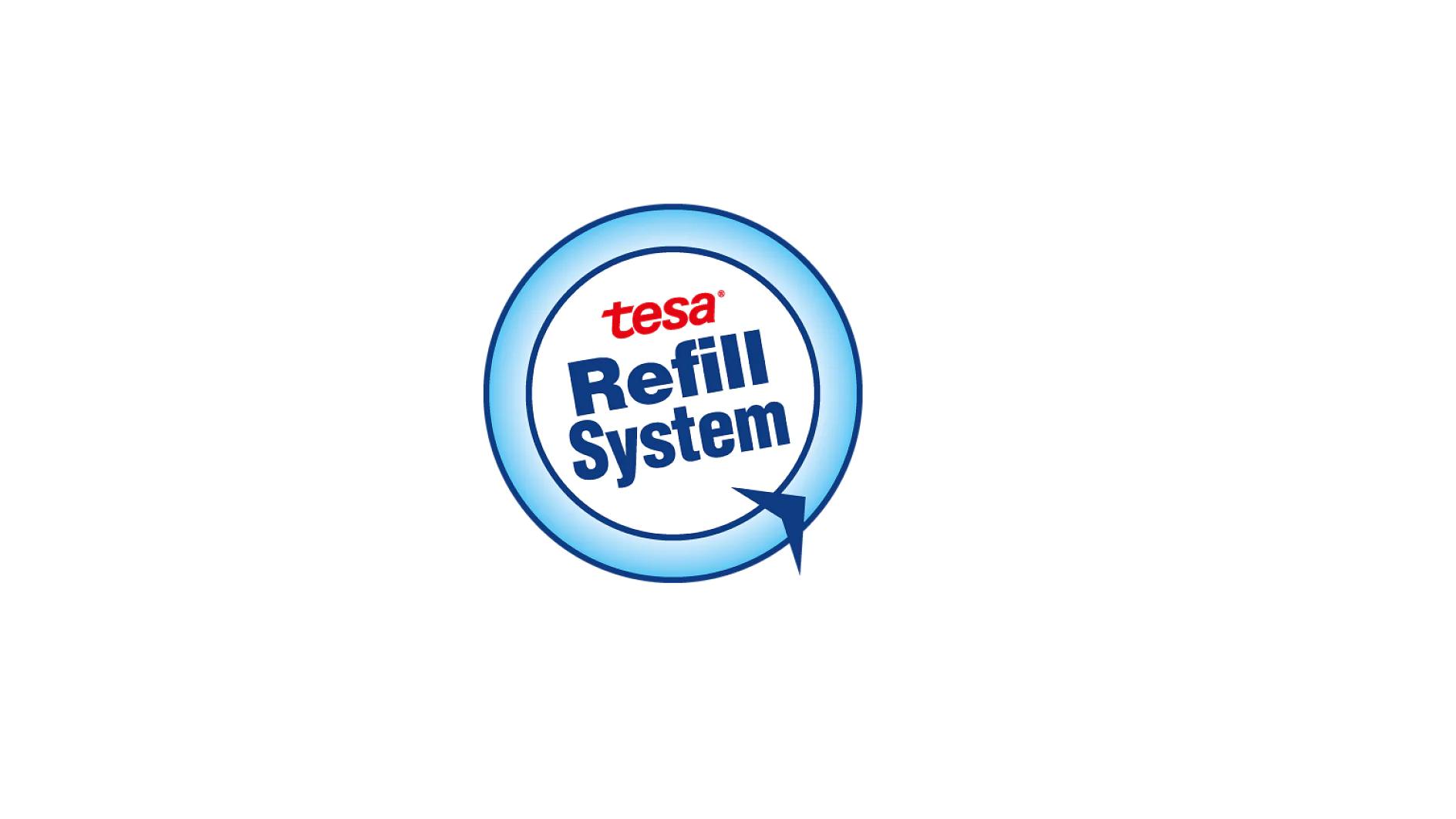 Ein blaues, rundes Logo mit dem Wort „tesa“ in roten Buchstaben oben. Darunter steht in fetten blauen Buchstaben „Refill System“. Ein hellblauer Pfeil umkreist die Worte und zeigt auf ein kleines weißes Quadrat. Der Hintergrund ist dunkelblau. (This text has been generated by AI)