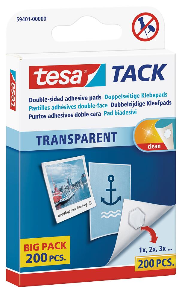 Tesa TACK transparent sind doppelseitige Klebepads zum sauberen Befestigen  von leichten Objekten
