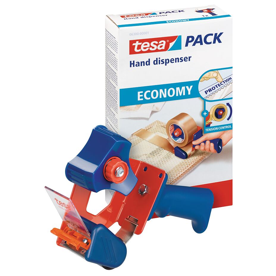 blauer Handabroller für Paketbänder Inklusive 50 m x 48 mm Klebeband tesapack Abroller Pack' n' Go 1 Komplett-Set Ergonomischer 
