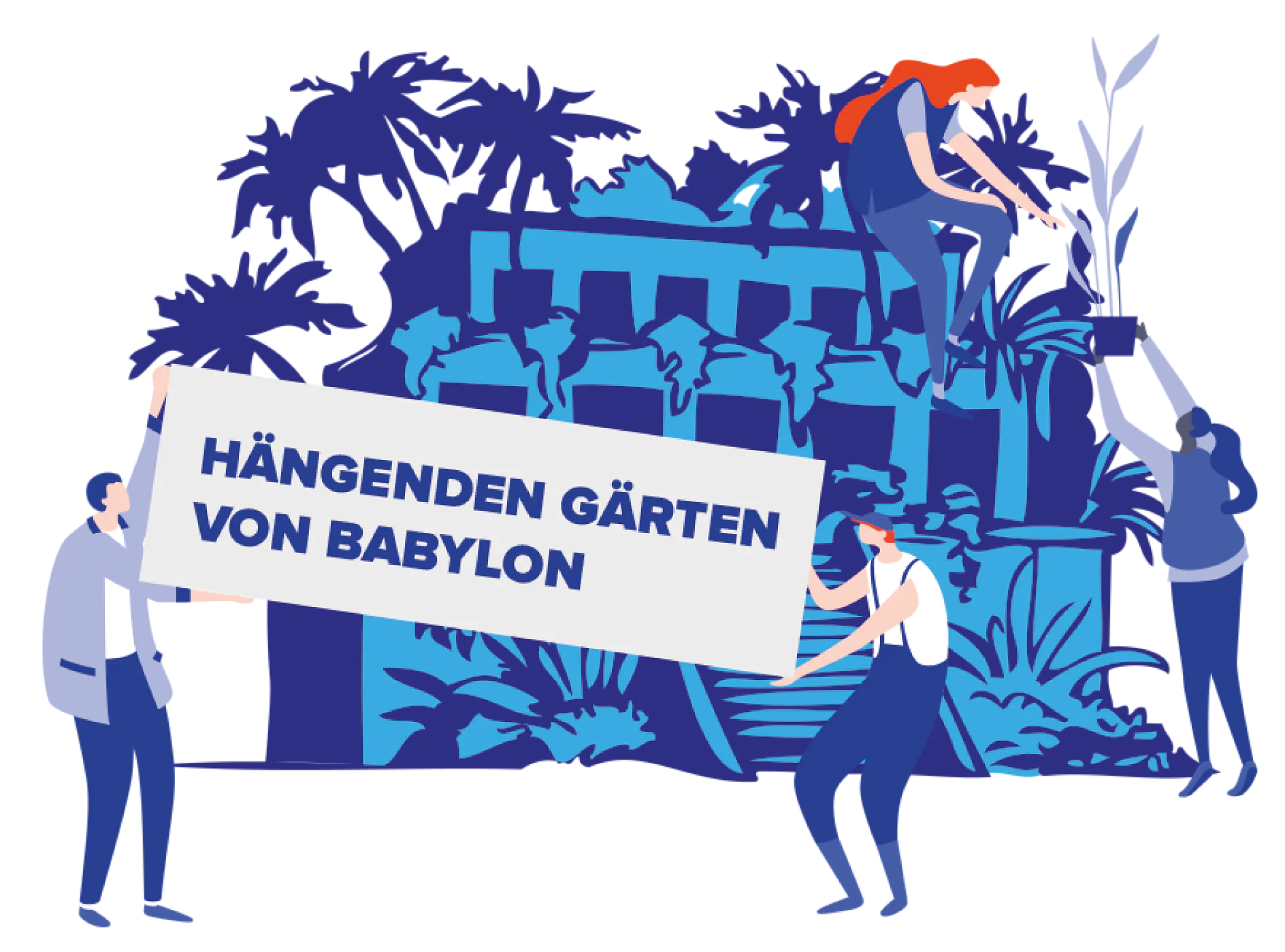 babylonde Eine Illustration von drei Personen, die mit einer Darstellung der Hängenden Gärten von Babylon interagieren. Eine Person hält ein Schild mit der Aufschrift „Hängenden Gärten von Babylon“, während andere Pflanzen tragen. Im Hintergrund sind Palmen und gestufte Strukturen zu sehen. (This text has been generated by AI)