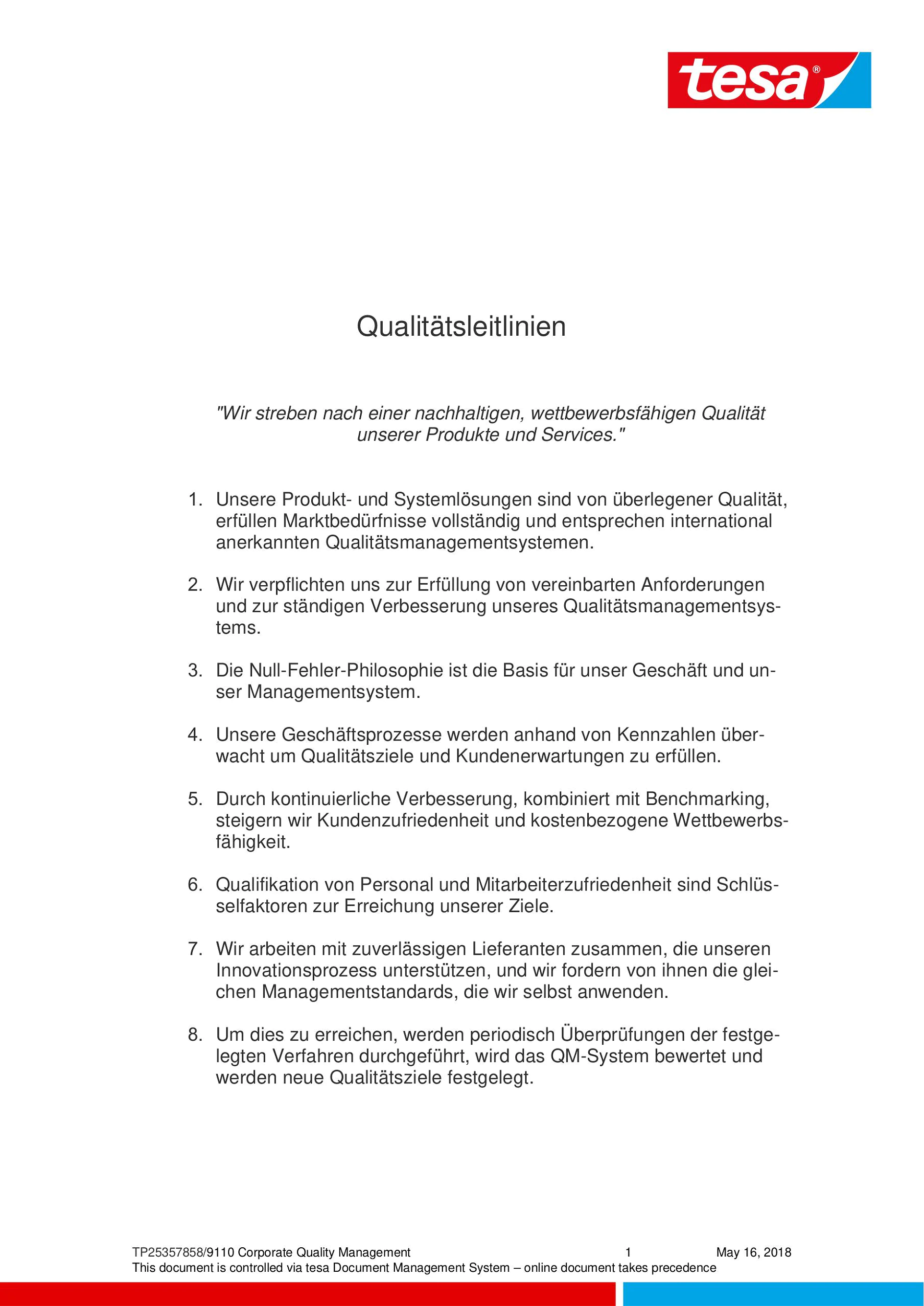 Qualitätsleitlinien Unsere Qualitätseitlinien