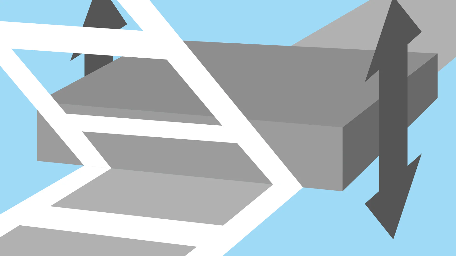 Eine digitale Illustration einer abstrakten geometrischen Struktur mit grauen, ineinandergreifenden Formen und weißen diagonalen Linien vor blauem Hintergrund. Ein nach oben zeigender Pfeil überlagert das Design und suggeriert Richtung oder Wachstum, wobei die Elemente mit Tesa-Klebeband befestigt sind. (This text has been generated by AI)