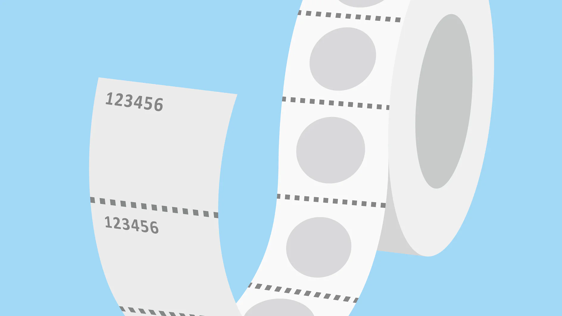 Abbildung einer Rolle mit nummerierten Tickets auf blauem Hintergrund. Die Rolle zeigt eine Folge von Tickets mit der Nummer 123456, die jeweils durch eine Perforationslinie getrennt sind. Auf jedem Ticket sind kreisförmige Muster zu sehen, die neben einem Bild von Tesa-Klebeband abgebildet sind. (This text has been generated by AI)