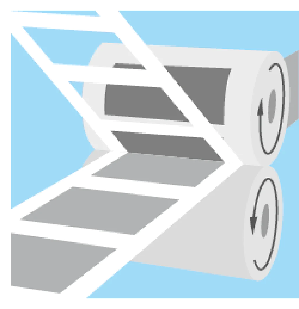 Abbildung von zwei großen Rollen weißen Papiers mit dunkler Mitte, die vertikal auf einer reflektierenden Oberfläche positioniert sind. Das Papier scheint teilweise abgerollt und mit Tesa-Klebeband befestigt zu sein, wobei Pfeile die Richtung angeben. Weiße diagonale Linien durchziehen das Bild. (This text has been generated by AI)