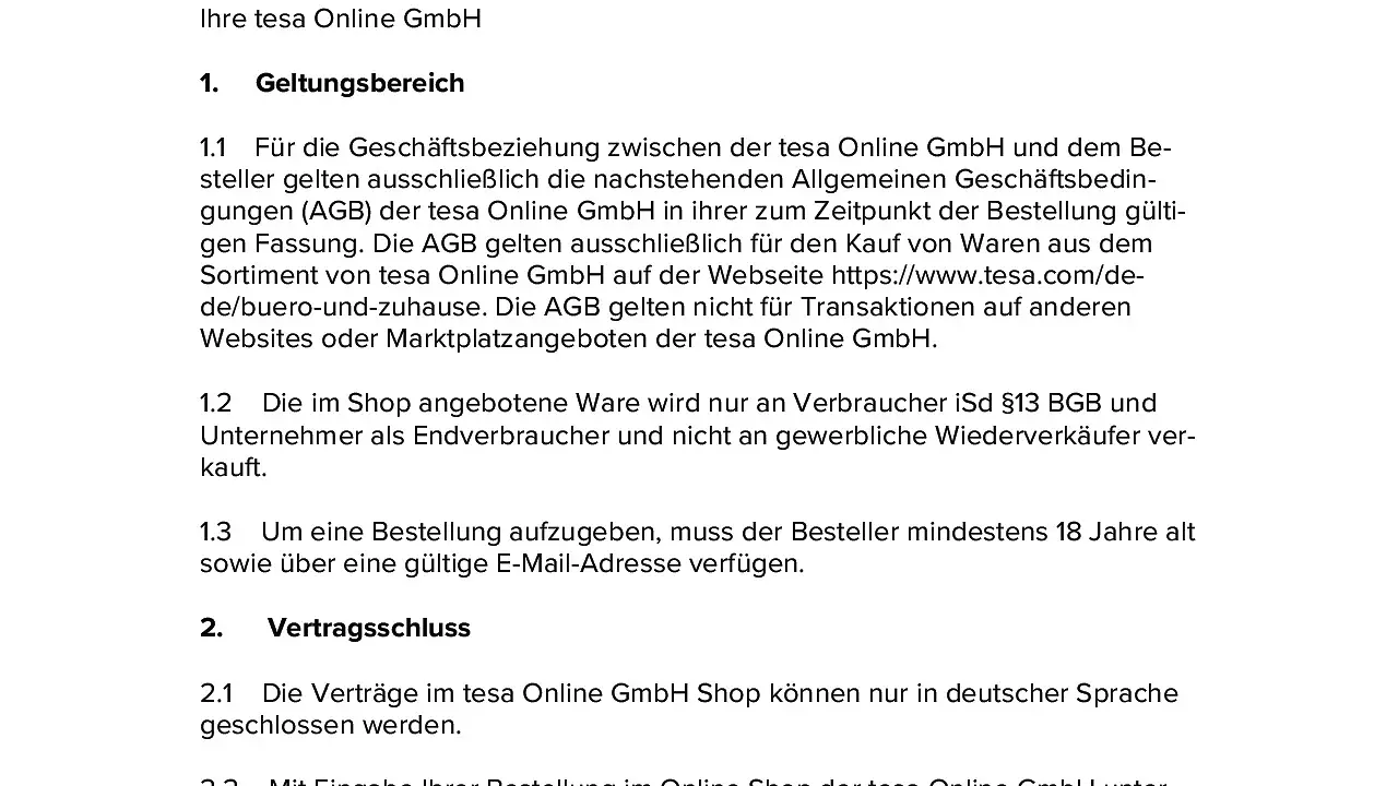 Allgemeine Verkaufs- und Lieferbedingungen Onlineshop der tesa Online GmbH (B2C)