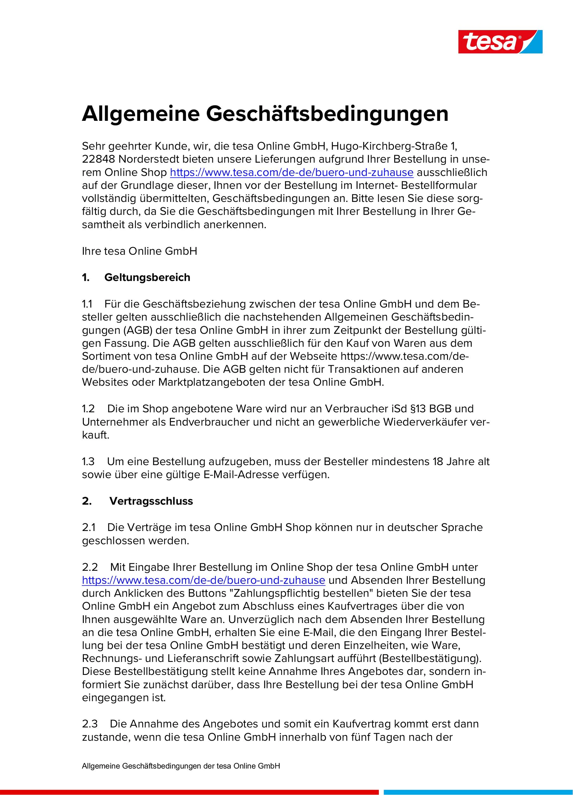 Allgemeine Verkaufs- und Lieferbedingungen Onlineshop der tesa Online GmbH (B2C)