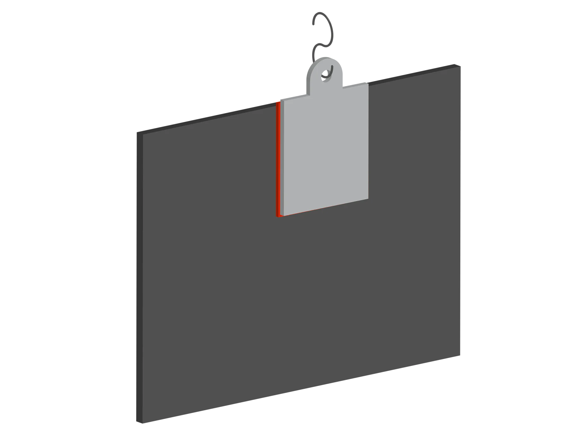 ACXplus_Klebehaken Eine 3D-Illustration eines dunklen rechteckigen Klemmbretts mit einem hellgrauen oberen Clip und einem schwarzen Haken zum Aufhängen. Die Seite zeigt einen Hauch von Rot. Das Klemmbrett ist schräg vor einem schwarzen Hintergrund positioniert und mit Tesa-Klebeband sicher befestigt. (This text has been generated by AI)