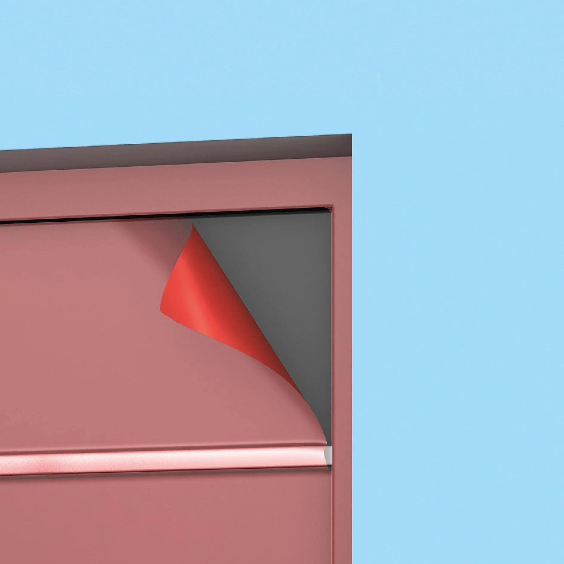 Eine Nahaufnahme der Ecke einer roten Wandplatte, die teilweise abgezogen wurde, um eine schwarze Oberfläche darunter vor einem hellblauen Hintergrund freizugeben. Die Platte ist für optimale Haftung mit Tesa-Klebeband befestigt. (This text has been generated by AI)