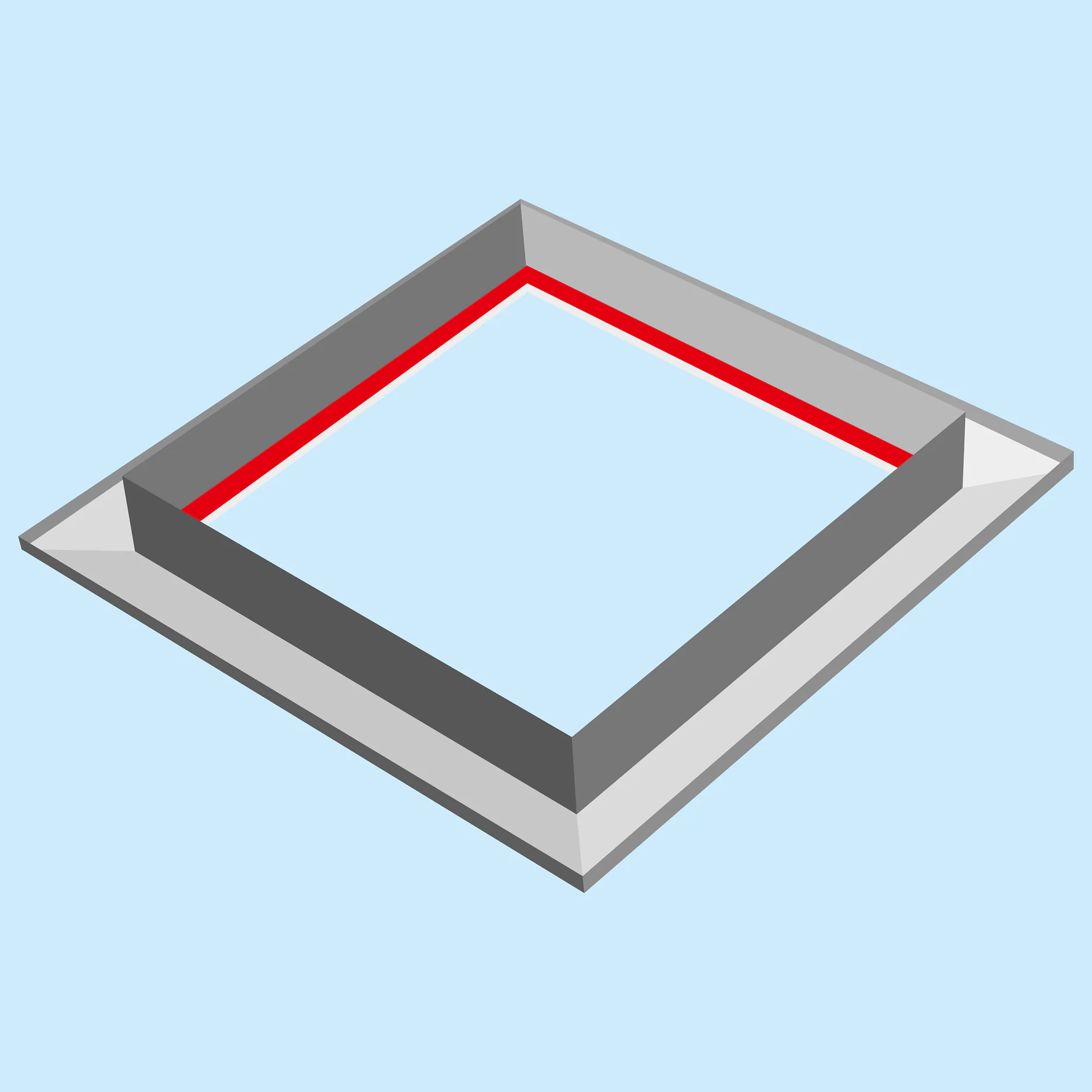 tesa®FUSE 45012 (2) Eine Abbildung einer dreidimensionalen hohlen quadratischen Form mit einer roten Innenkante, grauen Außenrändern und einem hellblauen Hintergrund. Die Seiten haben einen Schatteneffekt, der dem Ganzen ein geschichtetes Aussehen verleiht. (This text has been generated by AI)