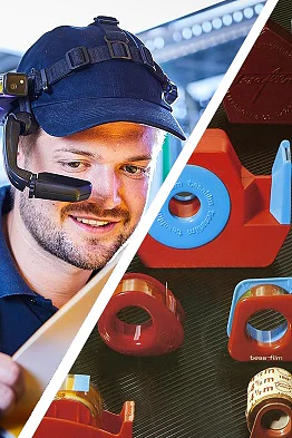 Teaser Auftaktartikel Eine Person trägt eine Kappe mit Kamera-Headset und lächelt auf ein Tablet. Das Bild ist diagonal geteilt. Rechts sind rote und blaue Tesafilm-Abroller und Rollen mit der Aufschrift „tesa-film“ auf schwarzem Untergrund zu sehen. (This text has been generated by AI)