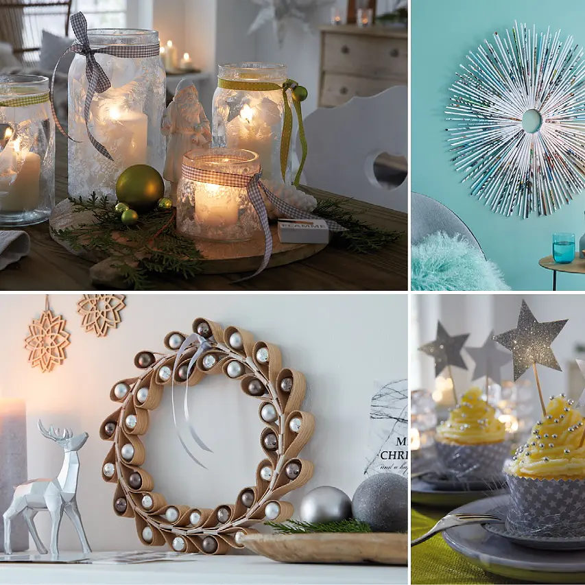 A collage of Christmas decor ideas. Images include candle arrangements, glowing lanterns, star ornaments on walls held with tesa tape, wreaths made of natural materials secured by tesa tape, a festive table setting, and a cozy shelf with holiday accents. The color palette is soft and warm. (This text has been generated by AI)