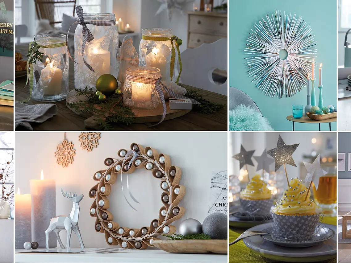 A collage of Christmas decor ideas. Images include candle arrangements, glowing lanterns, star ornaments on walls held with tesa tape, wreaths made of natural materials secured by tesa tape, a festive table setting, and a cozy shelf with holiday accents. The color palette is soft and warm.