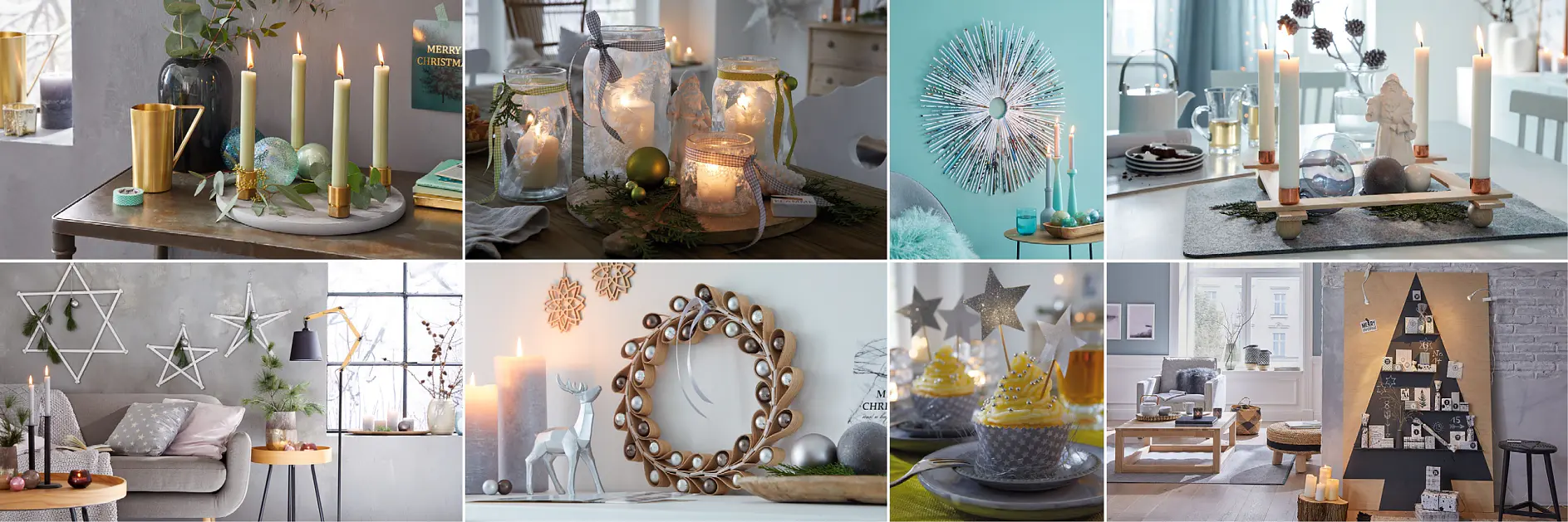 A collage of Christmas decor ideas. Images include candle arrangements, glowing lanterns, star ornaments on walls held with tesa tape, wreaths made of natural materials secured by tesa tape, a festive table setting, and a cozy shelf with holiday accents. The color palette is soft and warm.
