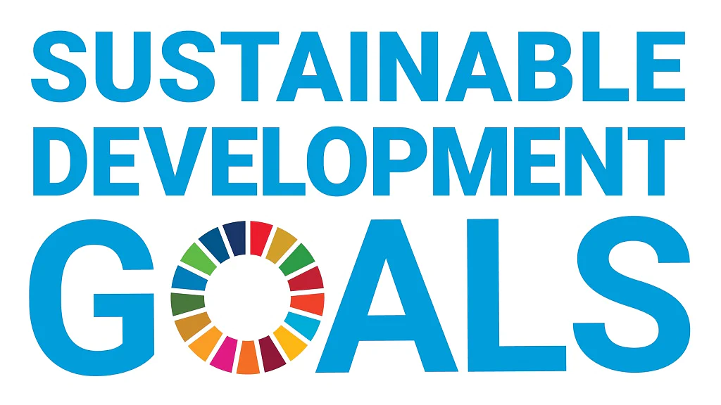 Text reading Sustainable Development Goals in blue, with GOALS in larger font. Below GOALS, there is a multicolored circular emblem consisting of 17 segments, representing the United Nations 17 Sustainable Development Goals. (This text has been generated by AI)