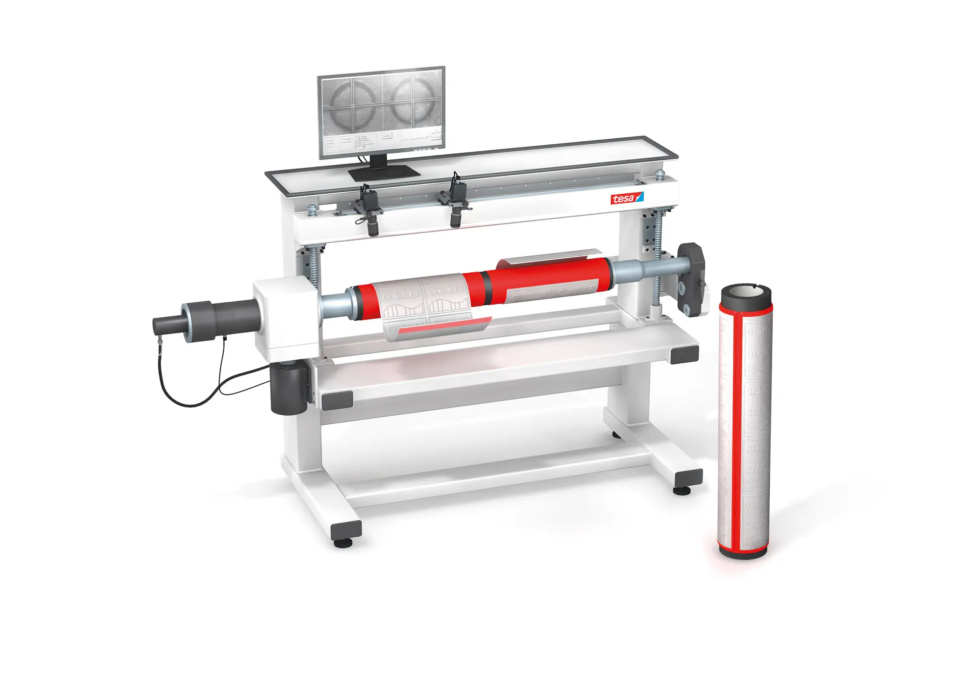 A high-precision measuring machine with a mounted cylindrical object. It features a digital display on the top, a roller mechanism, and a red-striped cylindrical measuring tool on the side made of tesa tape. The setup is on a sturdy white frame.
